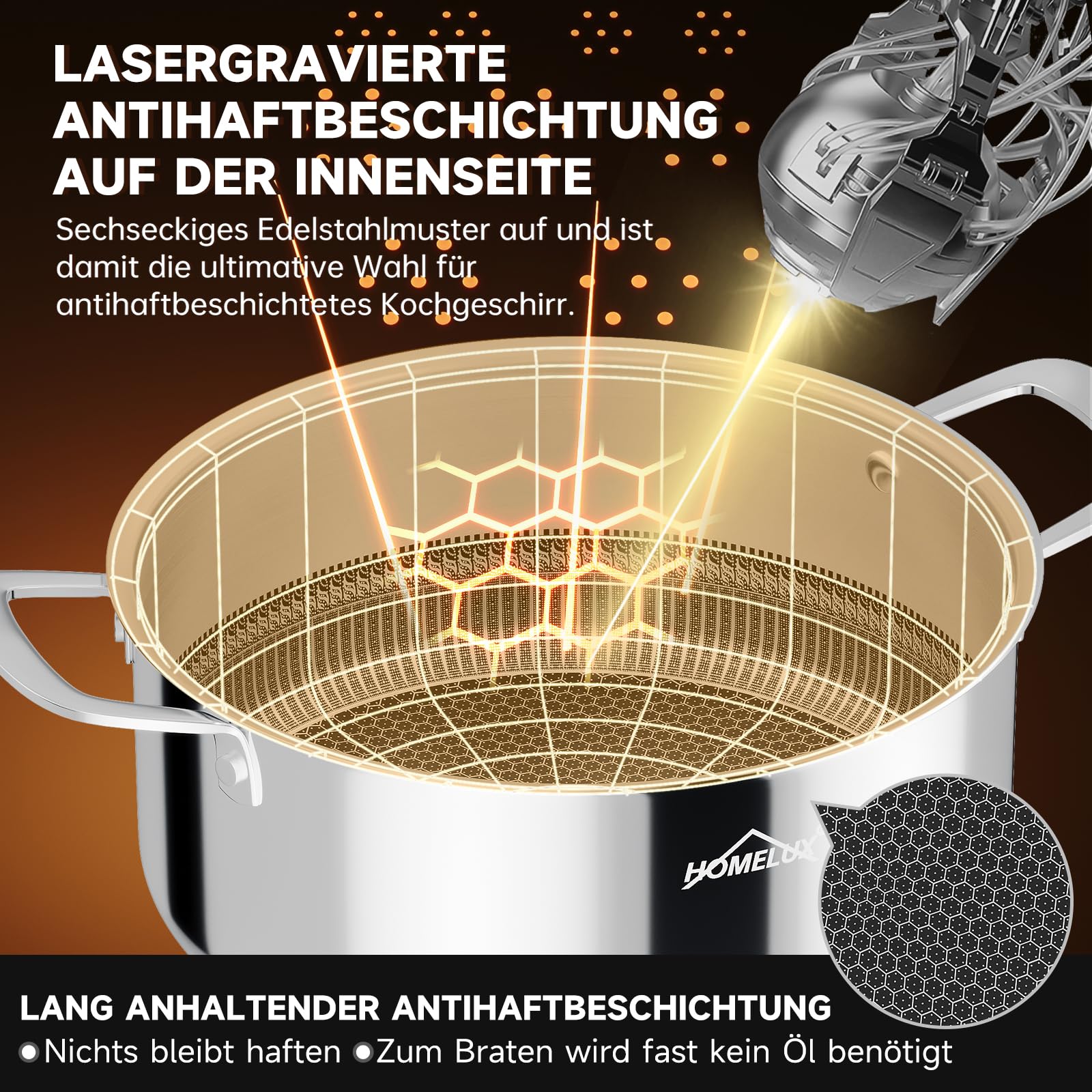Homelux Topf 24cm 1,9L Edelstahl Kochtopf Wabenstruktur Beschichtung
