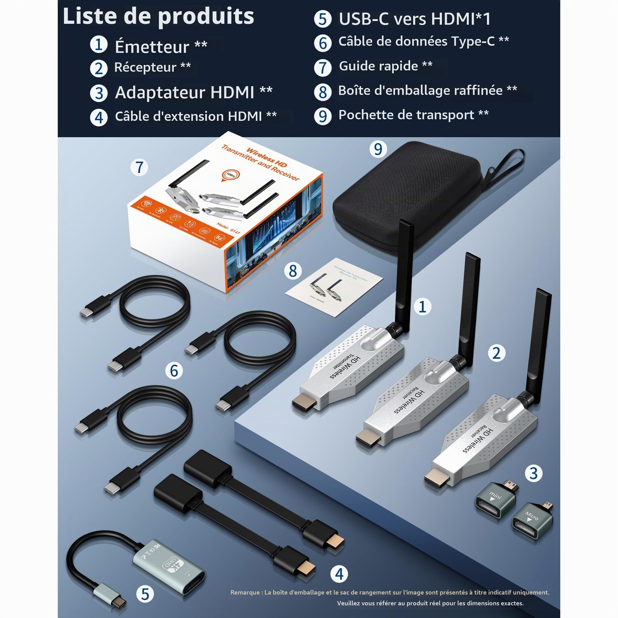 HDMI sans Fil Émetteur et 2 Récepteurs, 100 Mètres 1080P@60hz,Décodage 4K | Sac de Rangement Portable,Plug and Play,Double Bande 2.4G/5G,pour PC, Caméra, TV Box, Projecteur, Moniteur