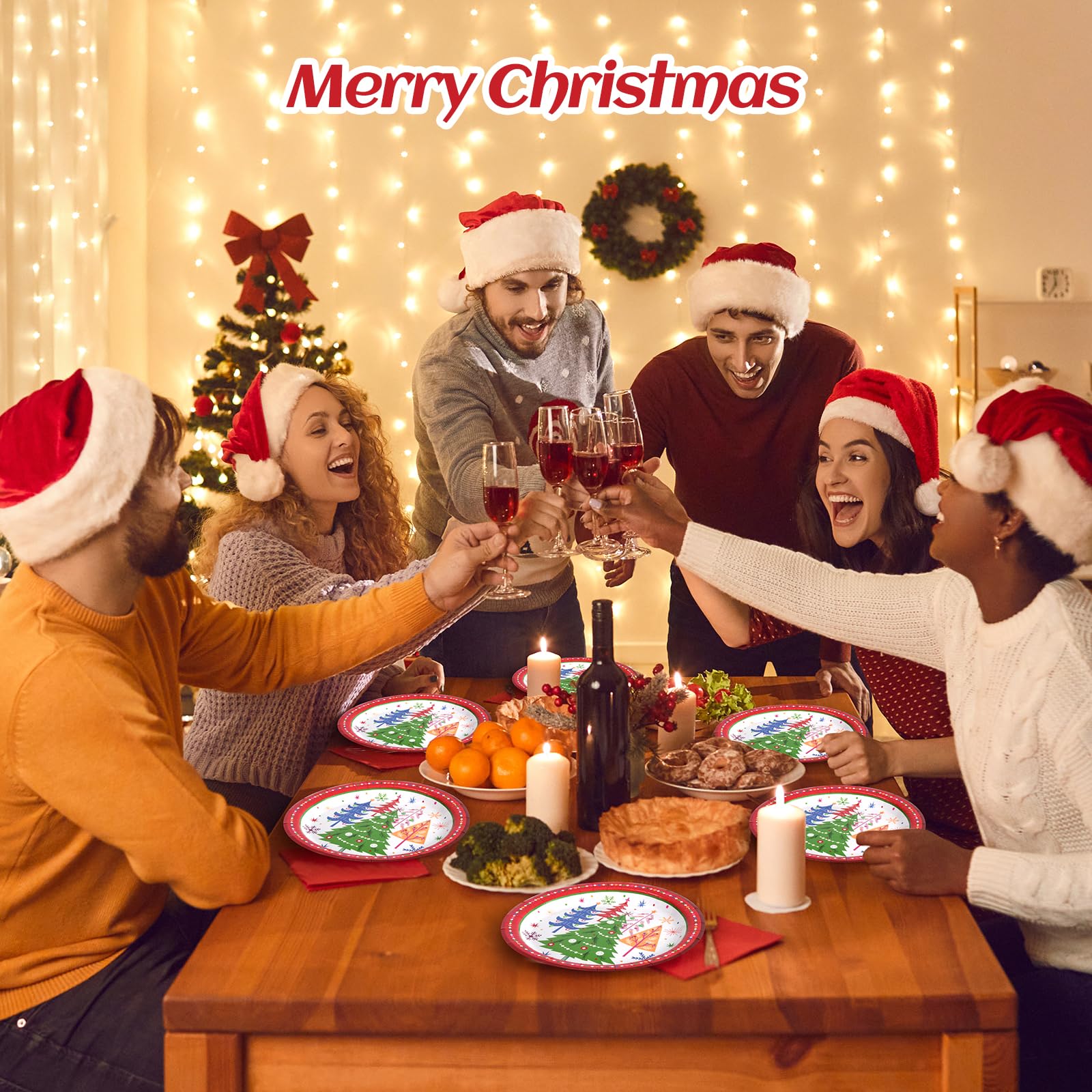 50 platos de papel desechables de Navidad, platos de fiesta para postre, cena, aperitivo, ensalada, pastel, galletas, vajilla de Navidad, suministros de decoración de fiesta