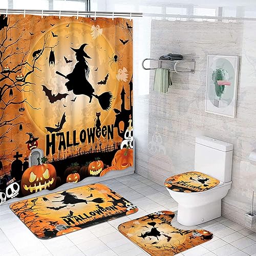 Miniatura 6 de Yizheer Juego de 4 cortinas de ducha de calabaza de Halloween con alfombras antideslizantes, cubierta para tapa de inodoro y tapete de baño,