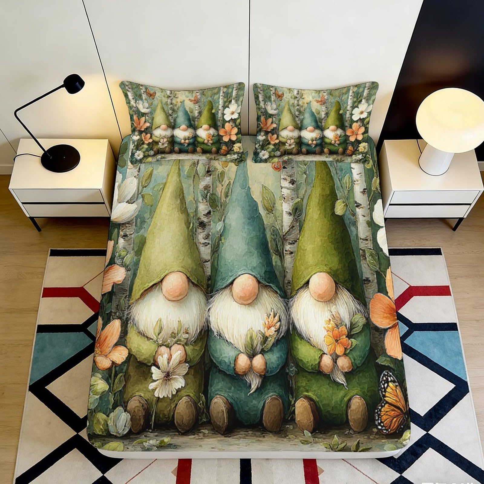 3D Printed Forest Gnome Fitted Sheet Microfiber Soft Breathable Woodland Elf Mattress Cover for Bedroom Dorm Decor 90x200x25cm
