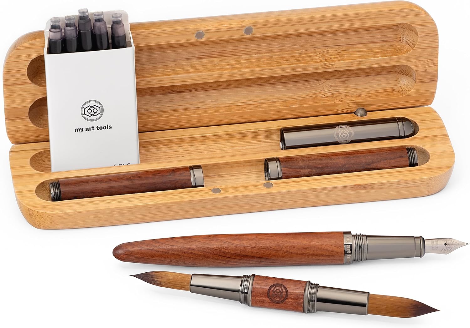 Travel Watercolor Brushes for Quick Sketch - Fude Nib Pen for Drawing - Black Ink cartridges Included - Professional paintbrushes with Bamboo Box