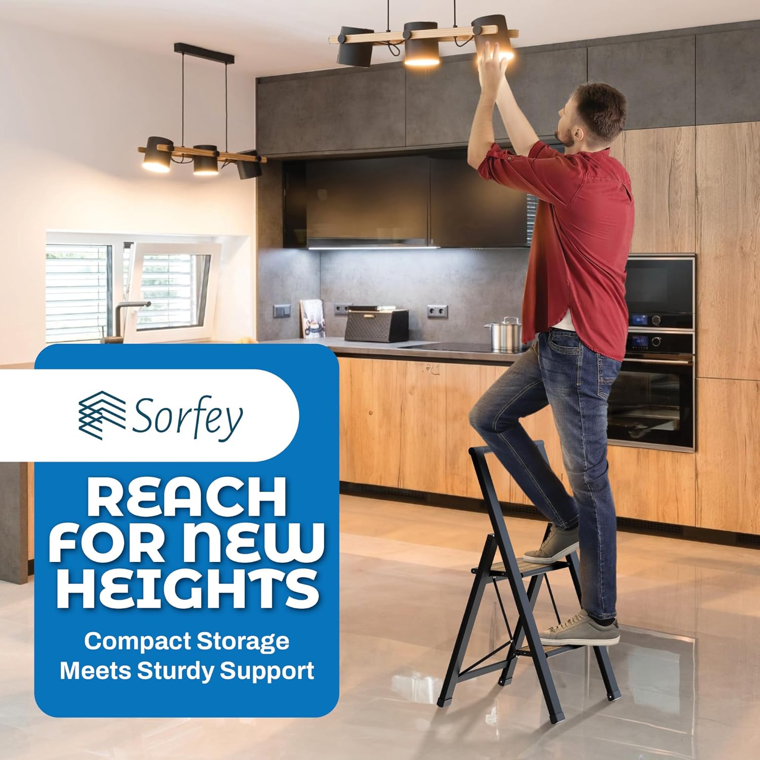 Step Ladder 2 Step Folding, Decorative - Beautiful Bamboo & Black Aluminum, Ultra Slim Profile, Anti Slip Steps, Sturdy-Portable for Home, Office, Kitchen, Photography Use,by SORFEY