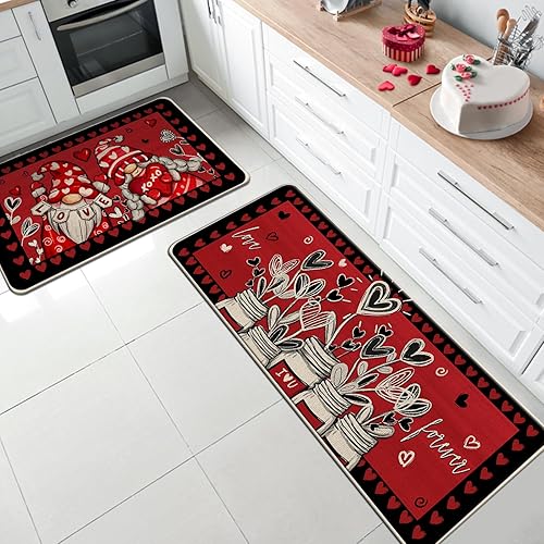 Miniatura 2 de Tailus Juego de 2 alfombras de cocina de gnomo para el día de San Valentín, diseño de corazón rojo y negro, tarro de masón, decoración de cocina,