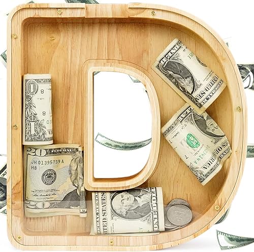 Alcancía de letras para niños y niñas, caja de dinero grande de madera personalizada con billetes y monedas, caja de dinero de madera con nombre