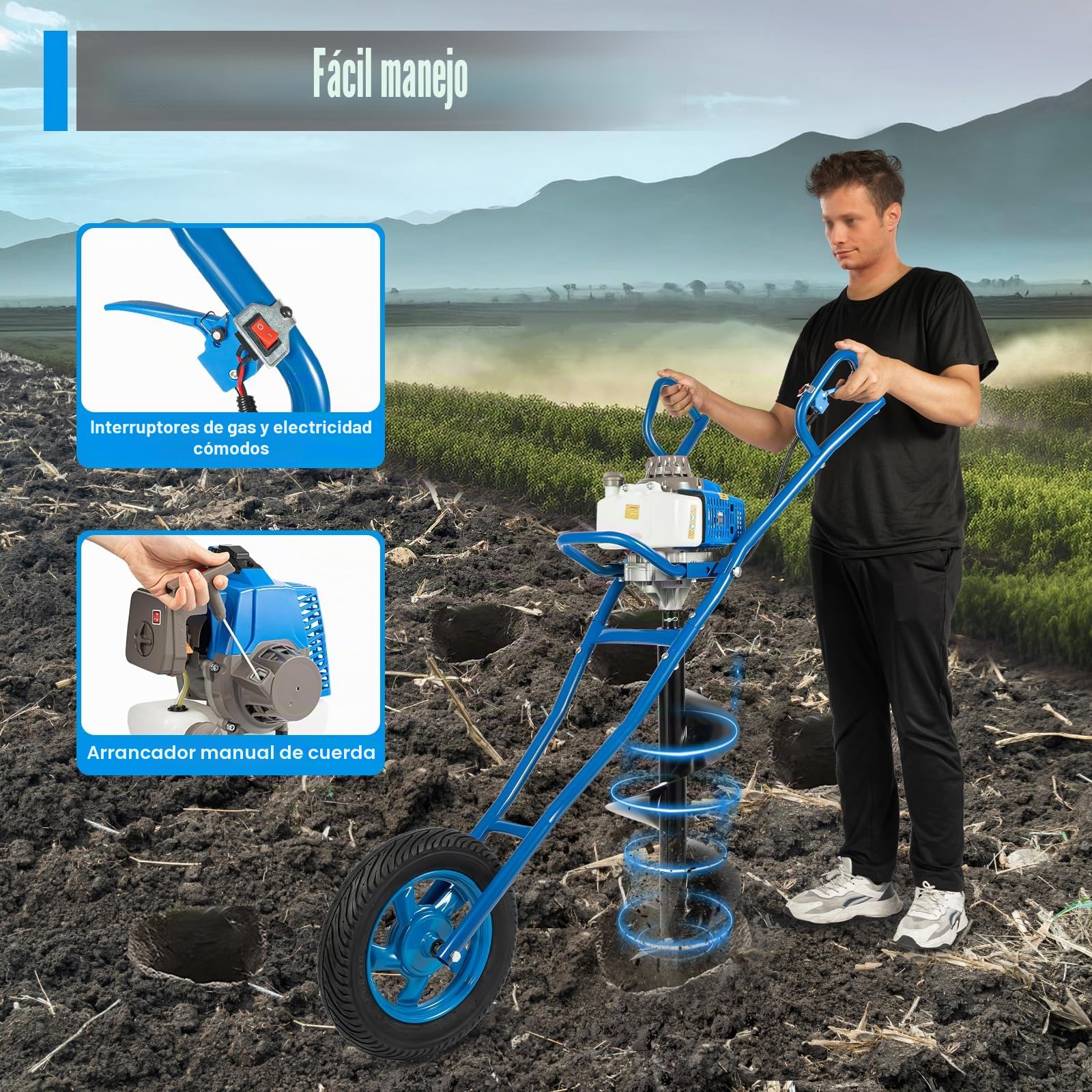 Broca de tierra de gasolina de 2 tiempos, 63 CC, 2,2 kW, con ruedas, 300 mm, broca de jardín, tipo empuje manual, taladro de gasolina, postes de valla, incluye depósito de 1,3 L