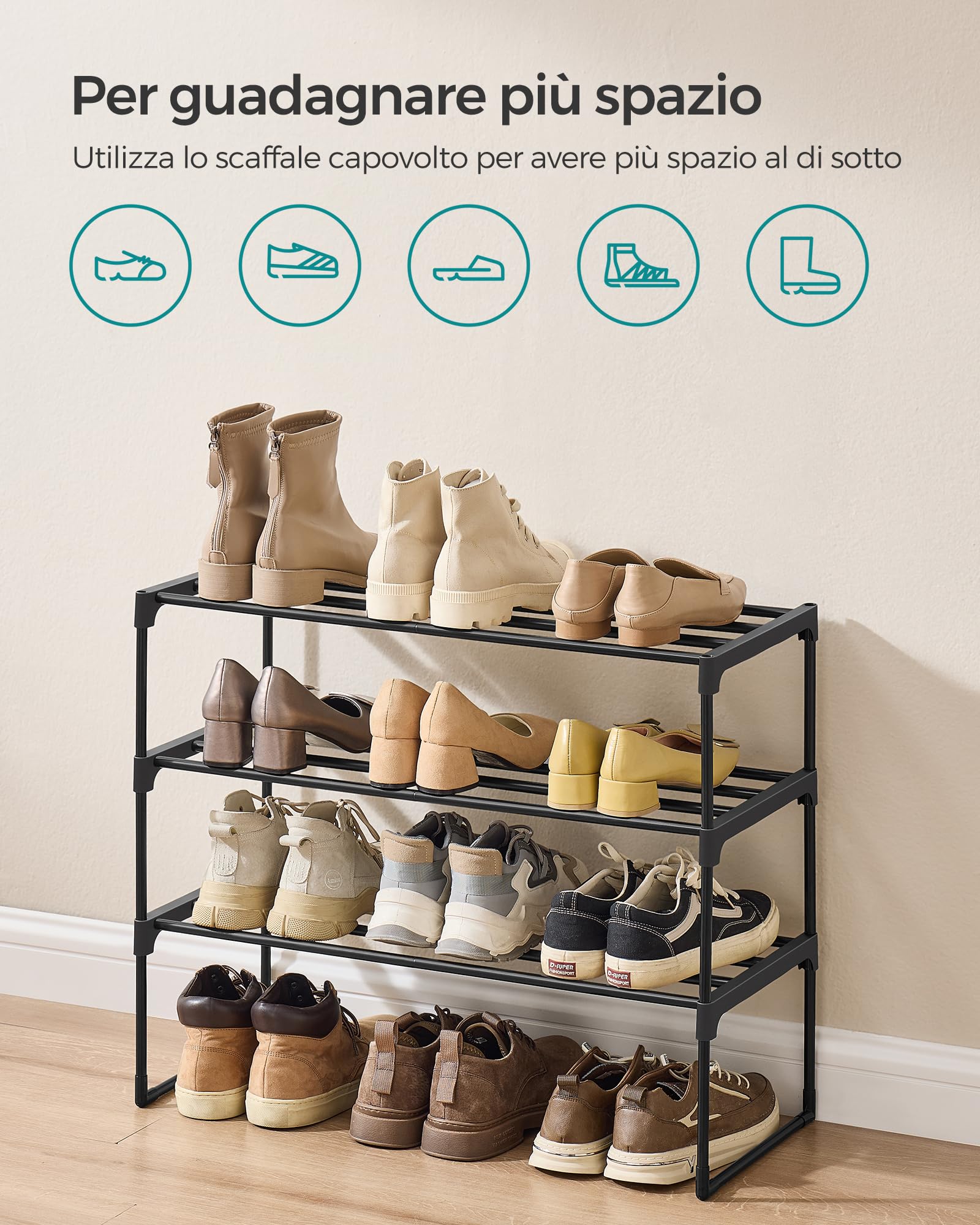 SONGMICS Scarpiera a 3 Ripiani, Scaffale Portascarpe, Organizzatore in Metallo, per 6-9 Paia di Scarpe, Impilabile, Corridoio, Soggiorno, Camera da Letto, 30 x 68 x 55 cm, Nero LSA203B01
