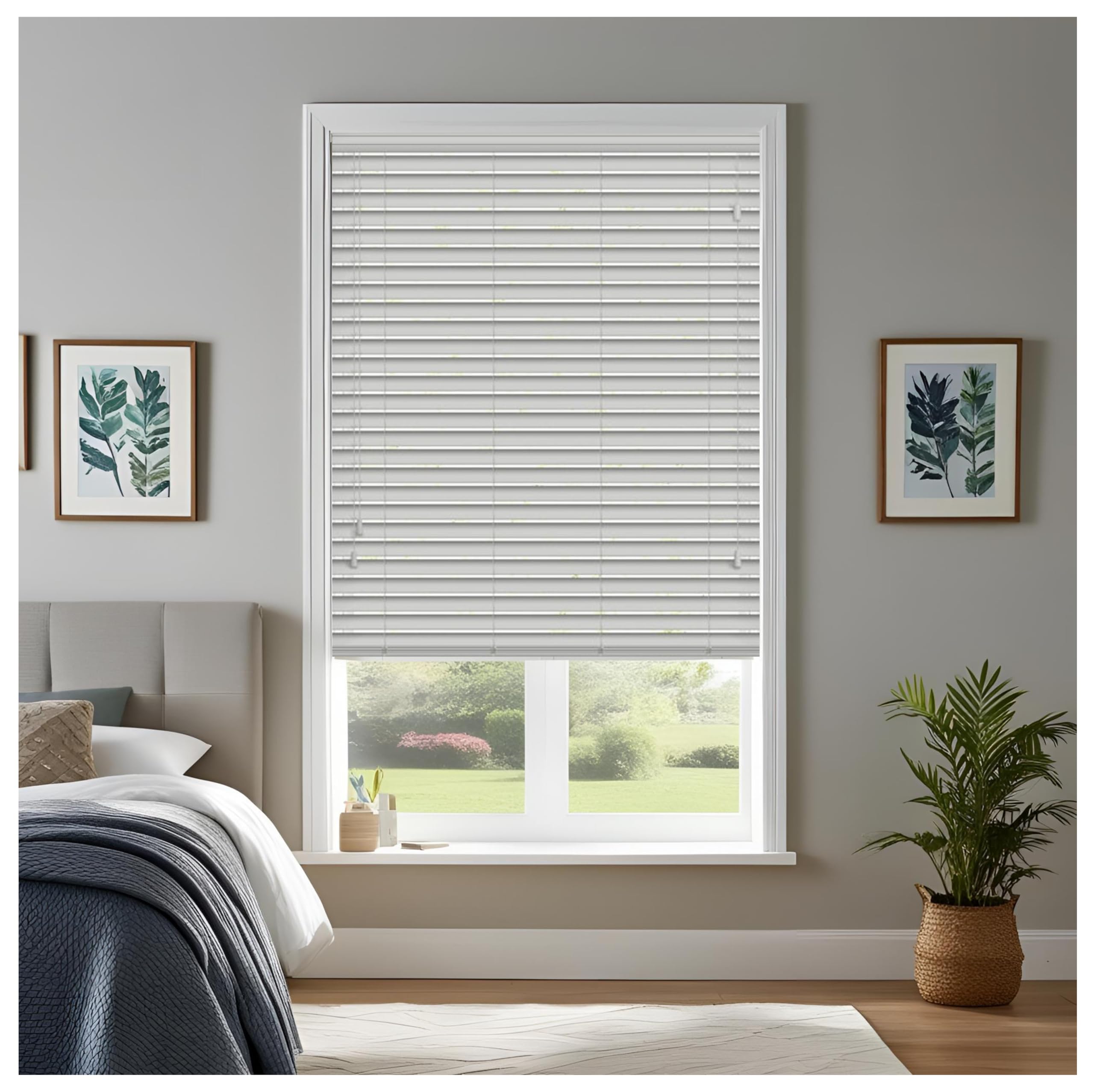 J.Din Made to Measure Blinds, Faux Wood Venetian Blinds with String 50MM Slats Easy Fit Windows Treatments Blind (Grey, 135cm Width x 150cm Drop)