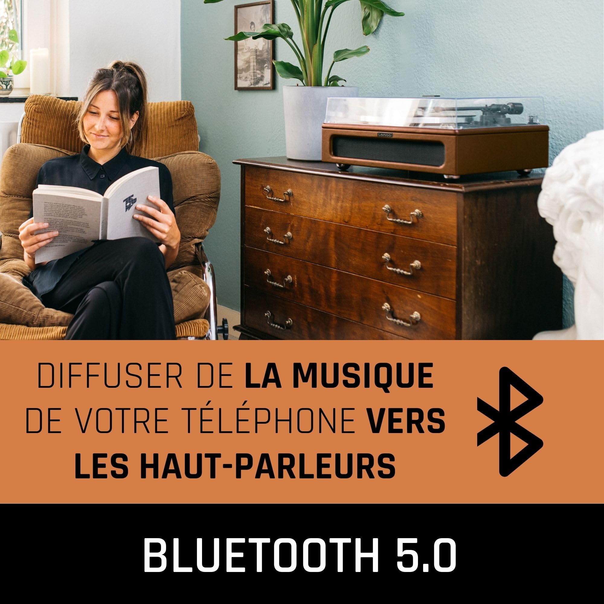 Lenco LS-430 Vinyle, Platine Vinyle, Tourne Disque, Platine Vinyle Bluetooth - haut-parleurs intégrés 40 W RMS - entraînement par courroie - contrôle de tonalité - préampli - RCA et AUX - marron