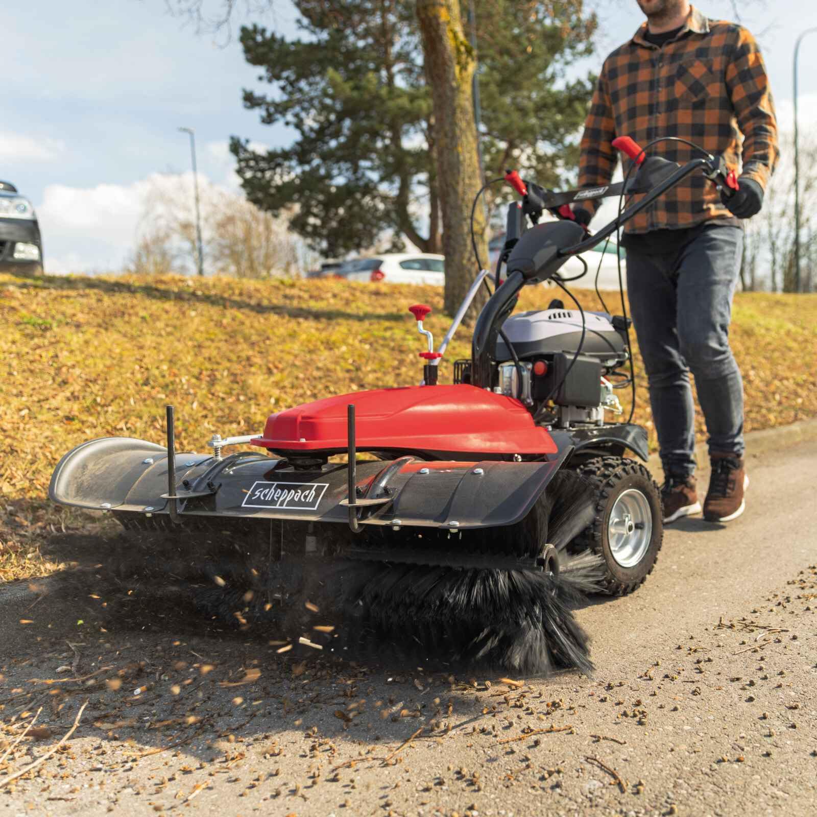 Scheppach Benzin Kehrmaschine - E-Start SC2200PE 4,9 PS - Kehrbreite 100cm | 70L Box | Schneefräse | 3 Vorwärts & 1 Rückwärtsgang | inkl. Auffangbehälter & Schneeschild | Schneeschieber | Schneeräumer