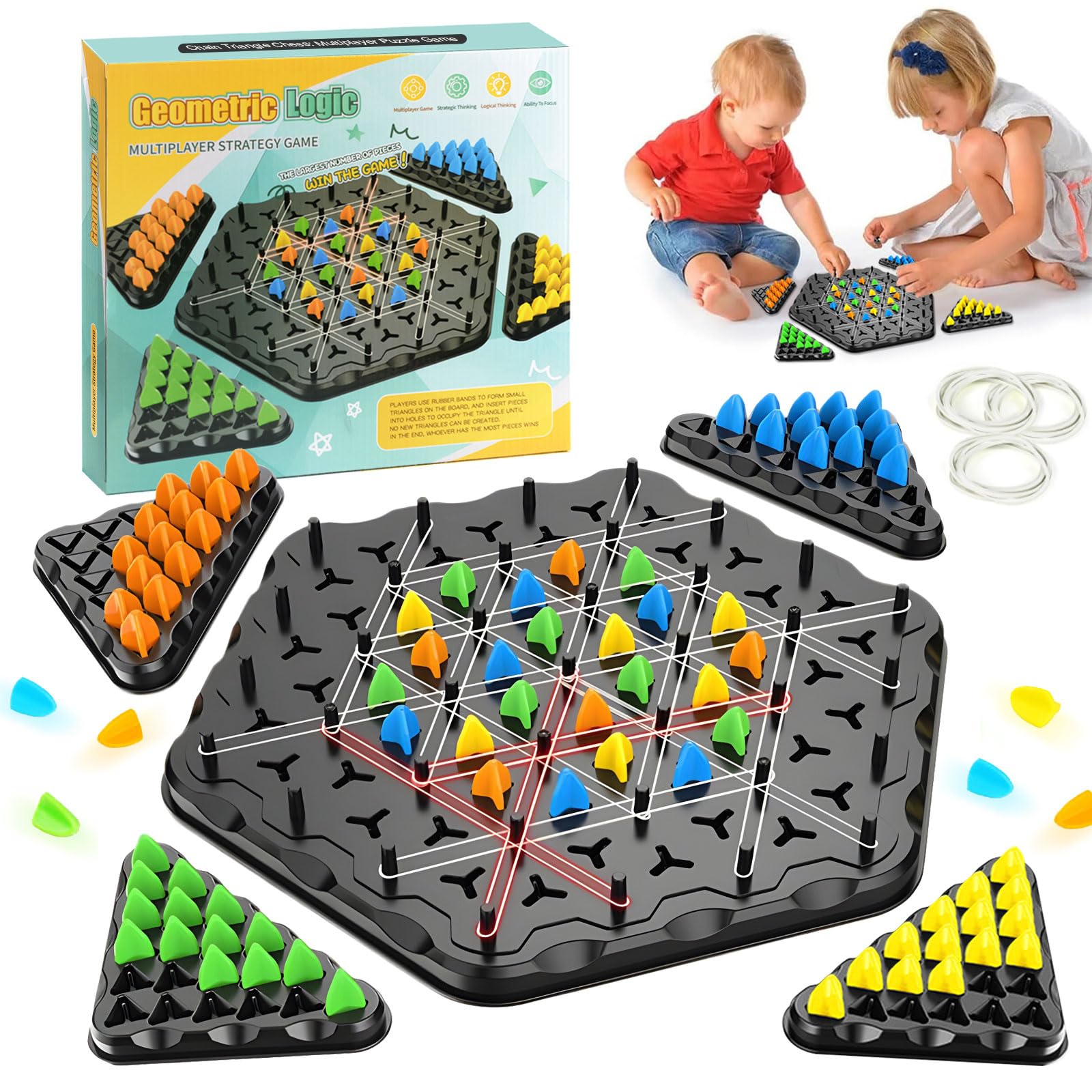 Chain Triangle Game,Chain Chess Desktop Rubber Band Game,Elastic Band Triangle Games,Brain Teaser Strategy Game Toy,Portable Chess Party Supplies for Kids Adults Family Gathering Travel
