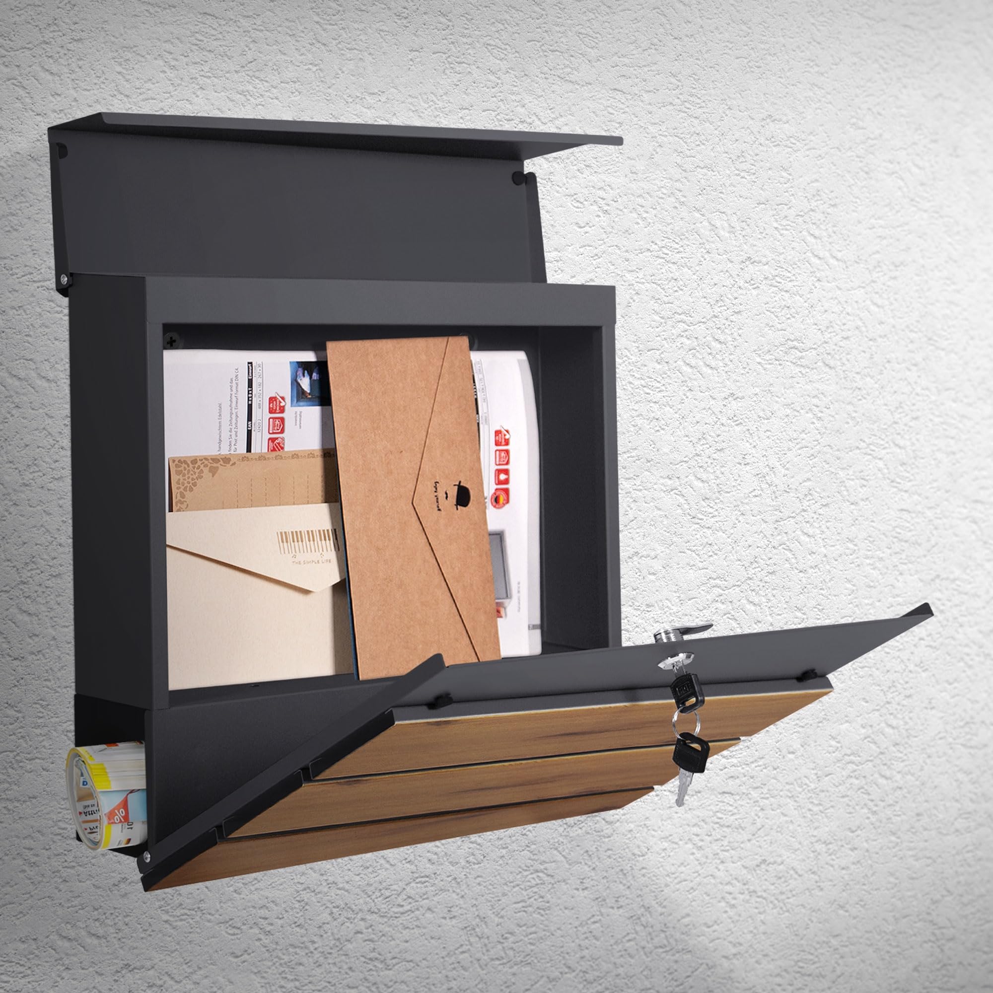 ML-Design Cassetta Postale Montaggio a Parete Muro Esterno 37 x 36,5 x 11 cm in Acciaio Antracite/Aspetto Legno Buca delle Lettere con Scomparto Porta Giornali Stile Moderno con Serratura e 2 Chiavi