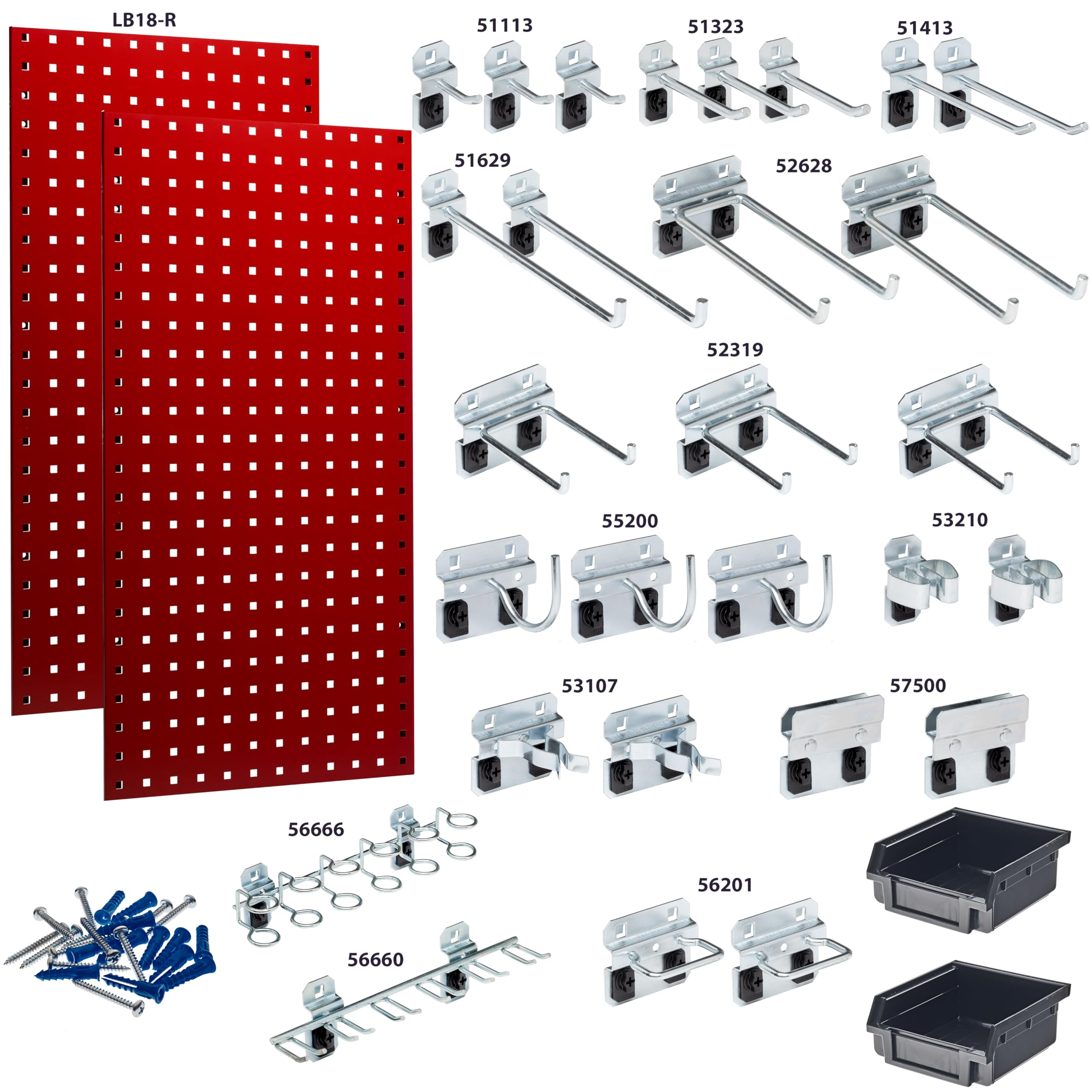 (2) 18 In. W x 36 In. H Red Steel Square Hole Pegboards with 30 pc. LocHook Assortment & Hanging Bin System