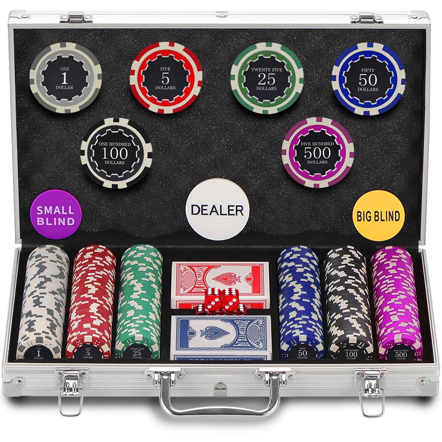 300 Chips Professional Poker Chip Set with Aluminum Case, 11.5 Gram Composite Clay Chips, 2 Decks of Cards, 5 Dice & Dealer Button - Perfect for Texas Holdem, Blackjack, Casino Night (300 pcs)