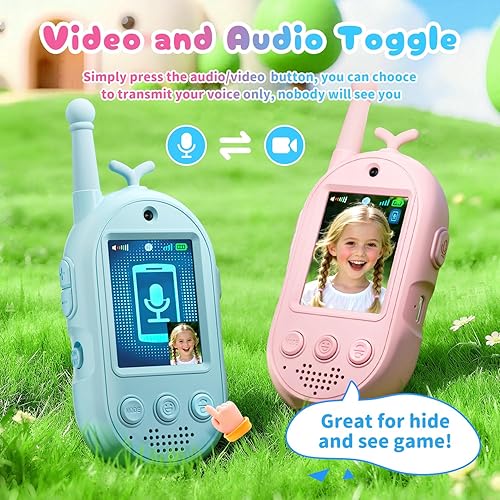 Miniatura 4 de Walkie Talkies de video mejorados para niños, paquete de 2 llamadas de vozvideo recargables para niños, juguetes para juegos de interior, exterior,