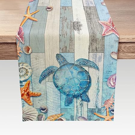 Summer Table Runners 72 Inches Long Turtle Table Runner Tropical Ocean Beach Table Runner for Family Dinner/Wedding/Outdoor Indoor Party, Linen Blend Dresser Scarf Table Decorations