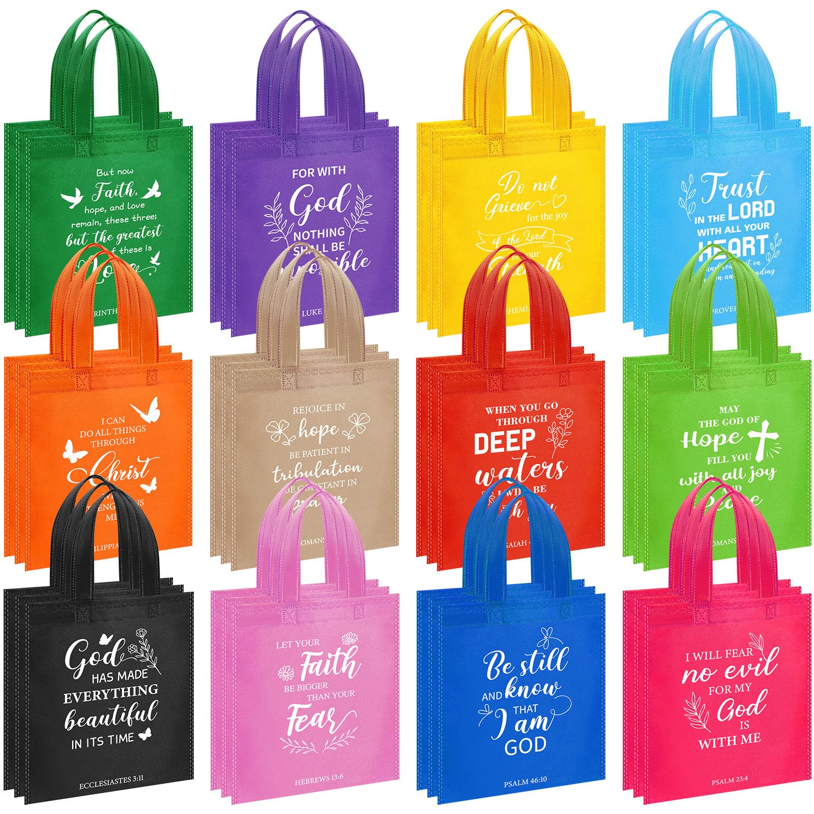 Sweetude 48 Pcs Christian Gift Bags Bulk Bible Verse Gift Bags Religious Reusable Inspirational Christian Tote with Handle, Bright Color