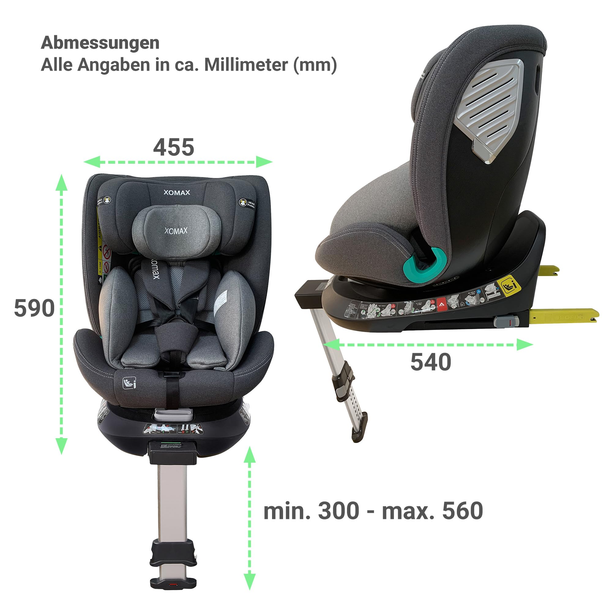 XOMAX G409 Kindersitz drehbar 360°, Standfuß, ISOFIX I mitwachsend I 0-36 kg, 0-12 Jahre, Gruppe 0+/1/2/3, 5-Punkt-Gurt, 3-Punkt-Gurt I Bezug waschbar I ECE R129 (Grau)
