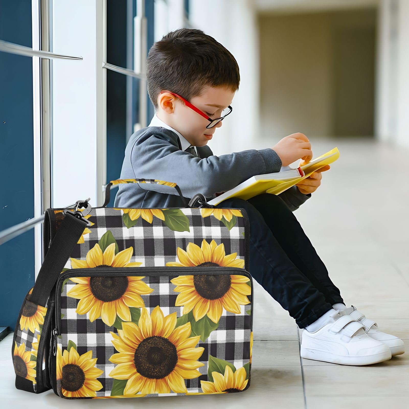 Bindertasche mit Reißverschluss, Sonnenblumen, kariert, 3,8 cm, 3-Ringbuch und mehrere Taschen, 500 Blatt Kapazität, erweiterbarer Aktenordner mit Schultergurten und Griffen, für Schule