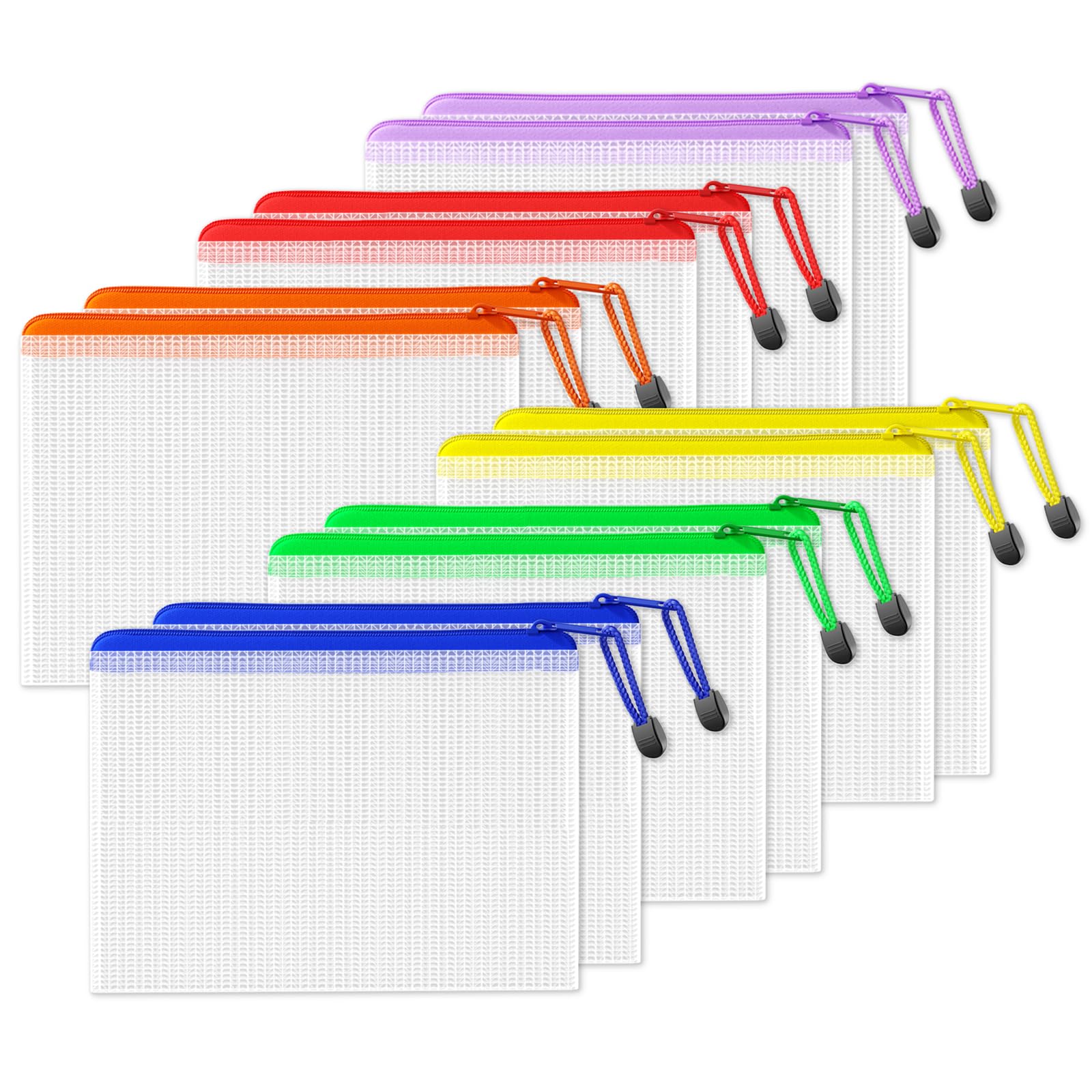 – SUNEE Plastic Wallets A5, 12 Pack Mesh Zip Lock Document Wallets & File Bags, Waterproof Plastic Folders A5 for School, Office, Home and Travel Storage - 6 Colours