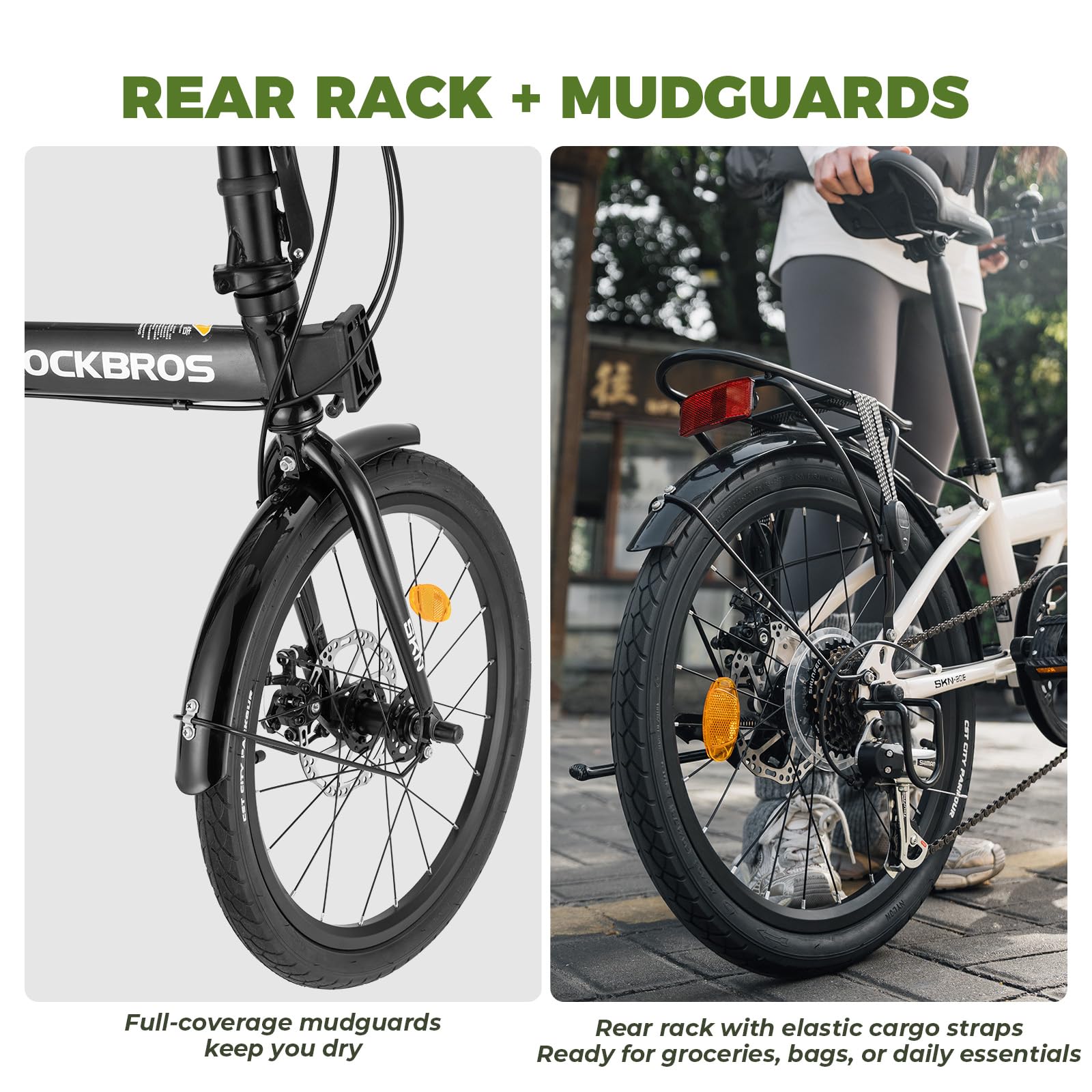 ROCKBROS SKN Bicicletta Pieghevole 20 Pollici, Telaio in Acciaio, 7 Marce, Freno a Disco, Parafango e Portapacchi, Ideale per Commuting, Casa e Viaggi