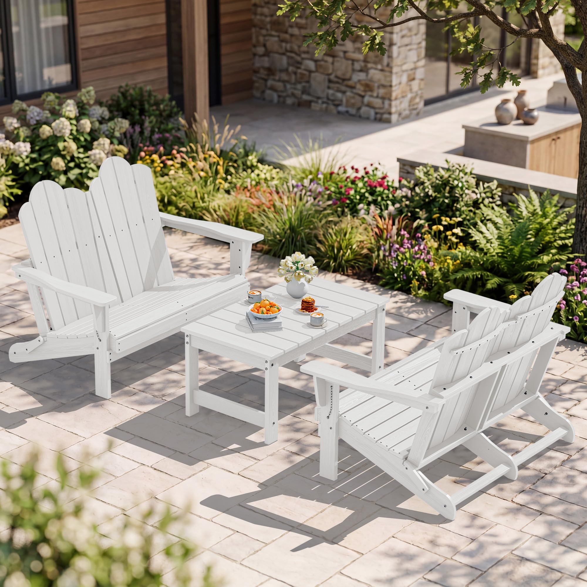 SERWALL 3-Piece Adirondack Bench Set, 2 Benches &amp; 1 Coffee Table, White