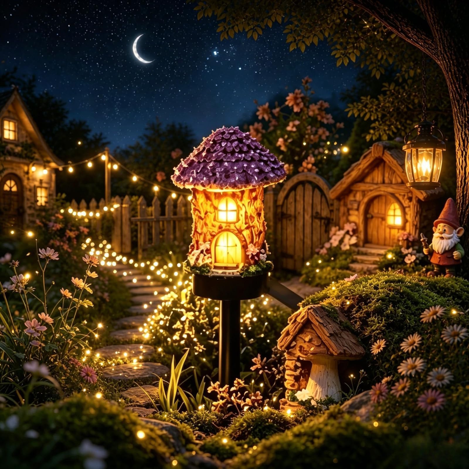 Solar Fairy-Tale Mushroom House Lights Cottage Garden Stake Lights, Resin Mushroom Cottage Figurine, Waterproof LED Mushrooms House Statue Lamp, Outdoor Landscape Pathway Yard Patio Lawn Deco (#F)