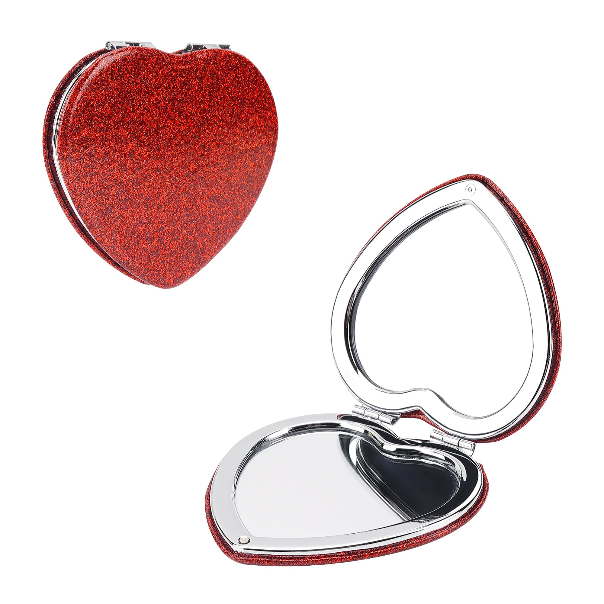 BUNCHBRAVO Compact Mirror Heart Shape for Women, Glittery Red Double-Sided Purse Pocket Mirror with Silver Trim, Portable Makeup Touch-Up Accessory