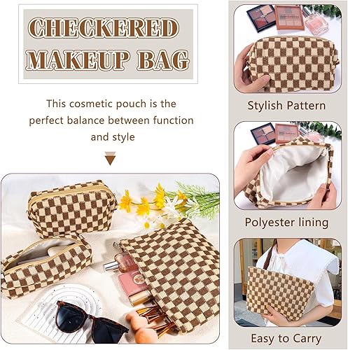 Miniatura 6 de ZLFSRQ Bolsa de maquillaje a cuadros para mujer, juego de bolsa de cosméticos de gran capacidad, bolsa de maquillaje de viaje para bolso,