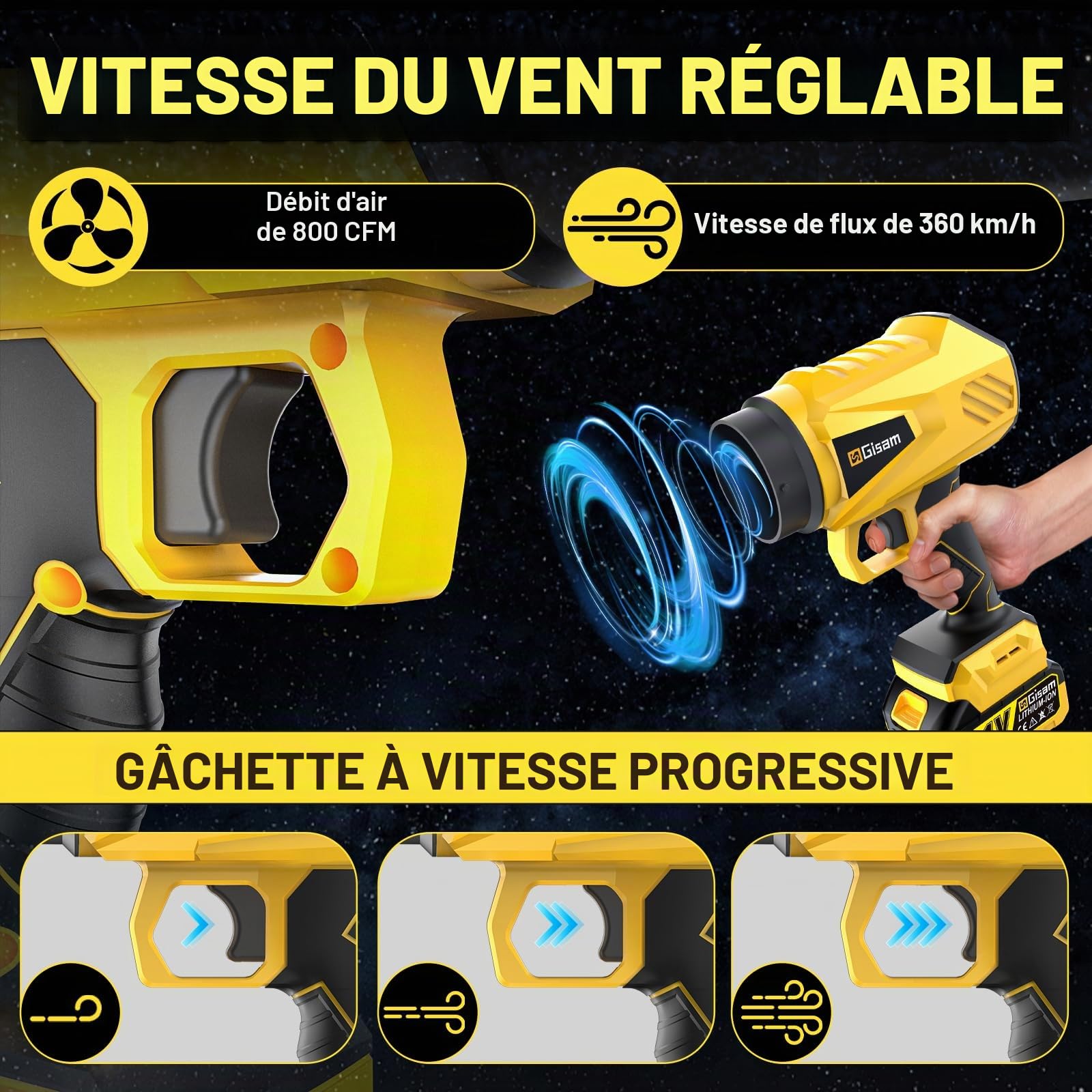 Souffleur à feuilles sans fil, moteur sans balais avec 2 batteries de 4,0 Ah, souffleur de feuilles max 900 000 tr/min, débit d'air 800 m³/h, 3 buses, 0,8 kg léger – Idéal pour les feuilles/neige