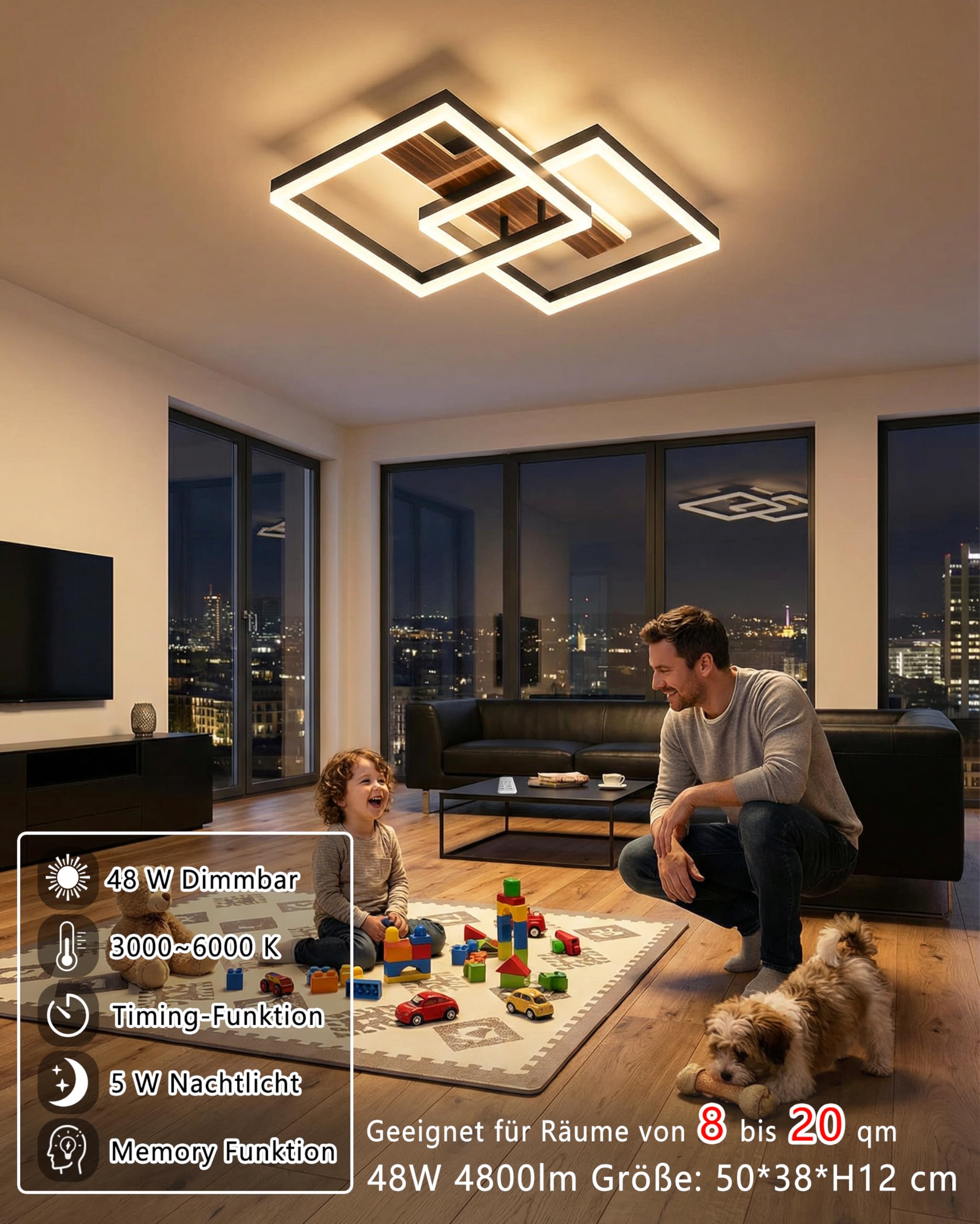 LED Deckenleuchte Holz dimmbar, Massivholz schwarz Vintage Deckenlampe, 48W 50cm 4000lm 3000-6000K mit Fernbedienung, Schlafzimmerlampe Wohnzimmerlampe, Memory-Funktion, 5W Nachtlicht