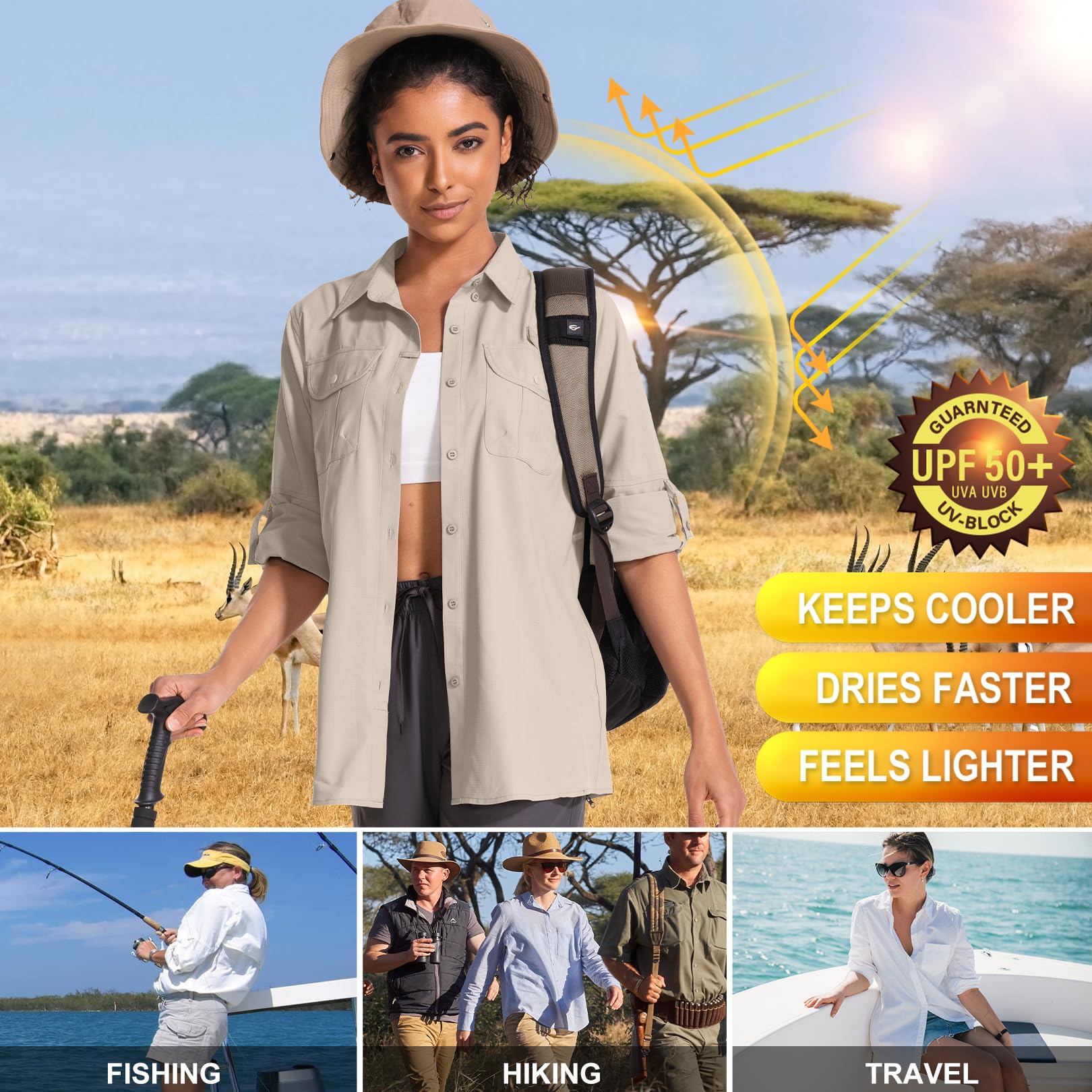 Langärmeliges Sonnenshirt für Damen, LSF 50, Safari, Wandern, Angeln, schnelles Selbermachen, UV-Schutz, Knopfleiste, Reise-Shirt für Gartenarbeit