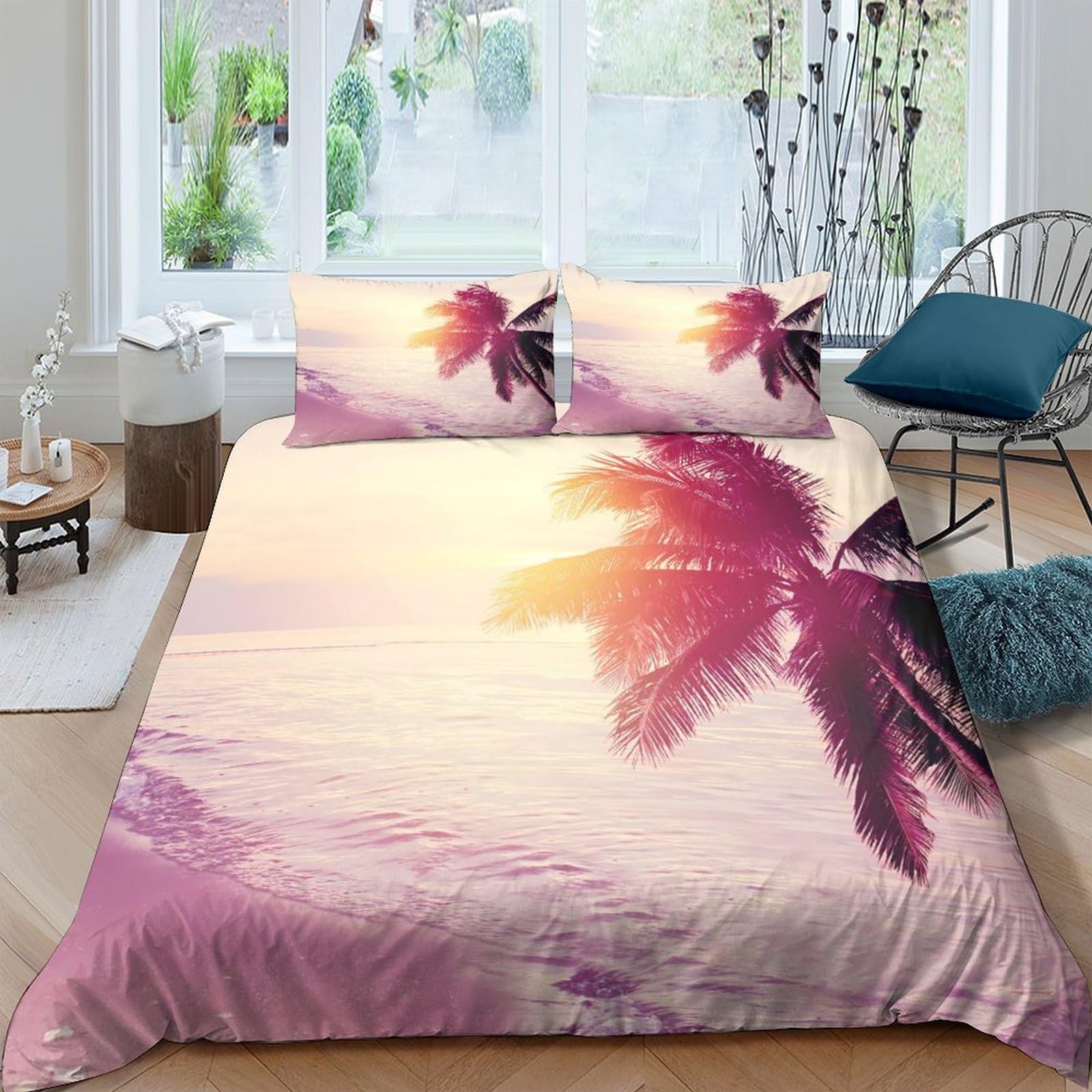 Ctjqhvkz Style-3 3D Printed Sunset Palm Fitted Sheet Microfiber Soft Beach Paradise Bed Sheet For Bedroom Guest Room Decor Single（135X200cm）