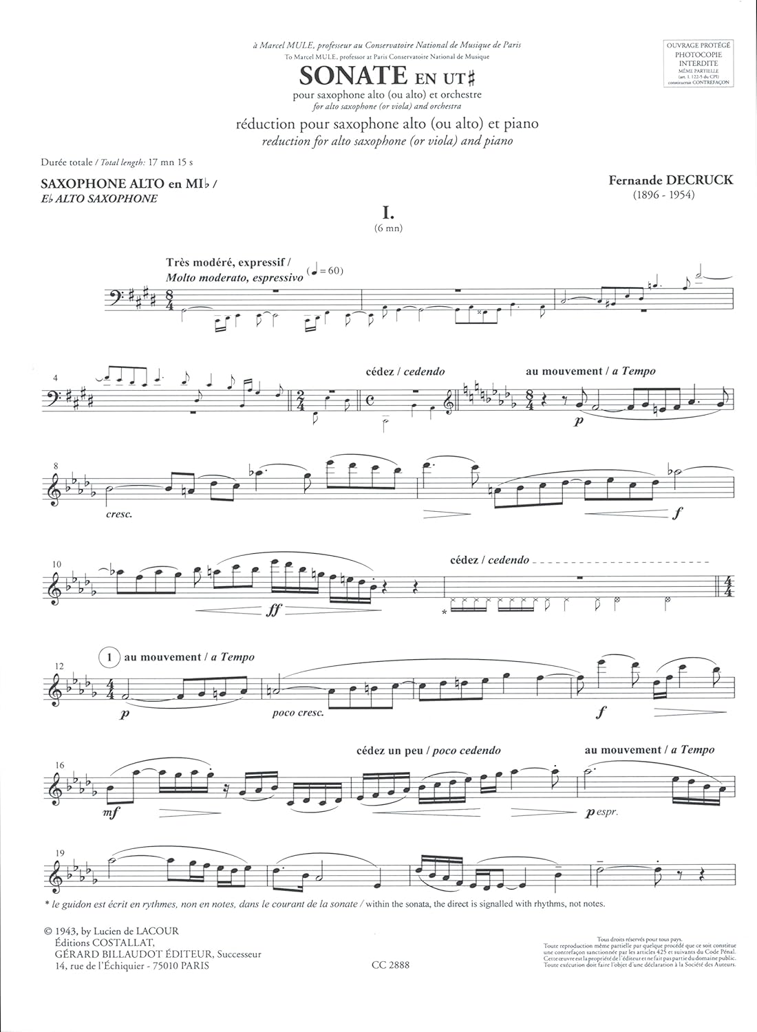Decruck: Sonata in C-sharp Minor for Alto Saxophone or Viola (Solo Part with Piano Reduction)      Sheet music – January 1, 2005