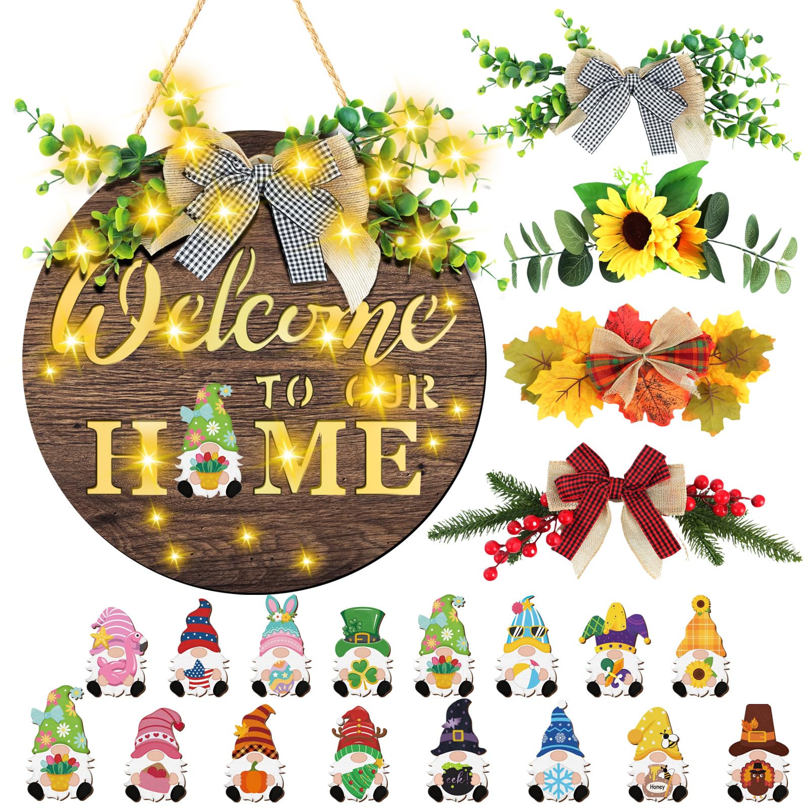 Interchangeable Welcome Sign for Front Door with 4 Seasonal Wreaths and 15 Icons, Farmhouse Front Porch Decor Rustic Wooden Wall Sign with LED Lights, Outdoor Seasonal Welcome Home Decorations