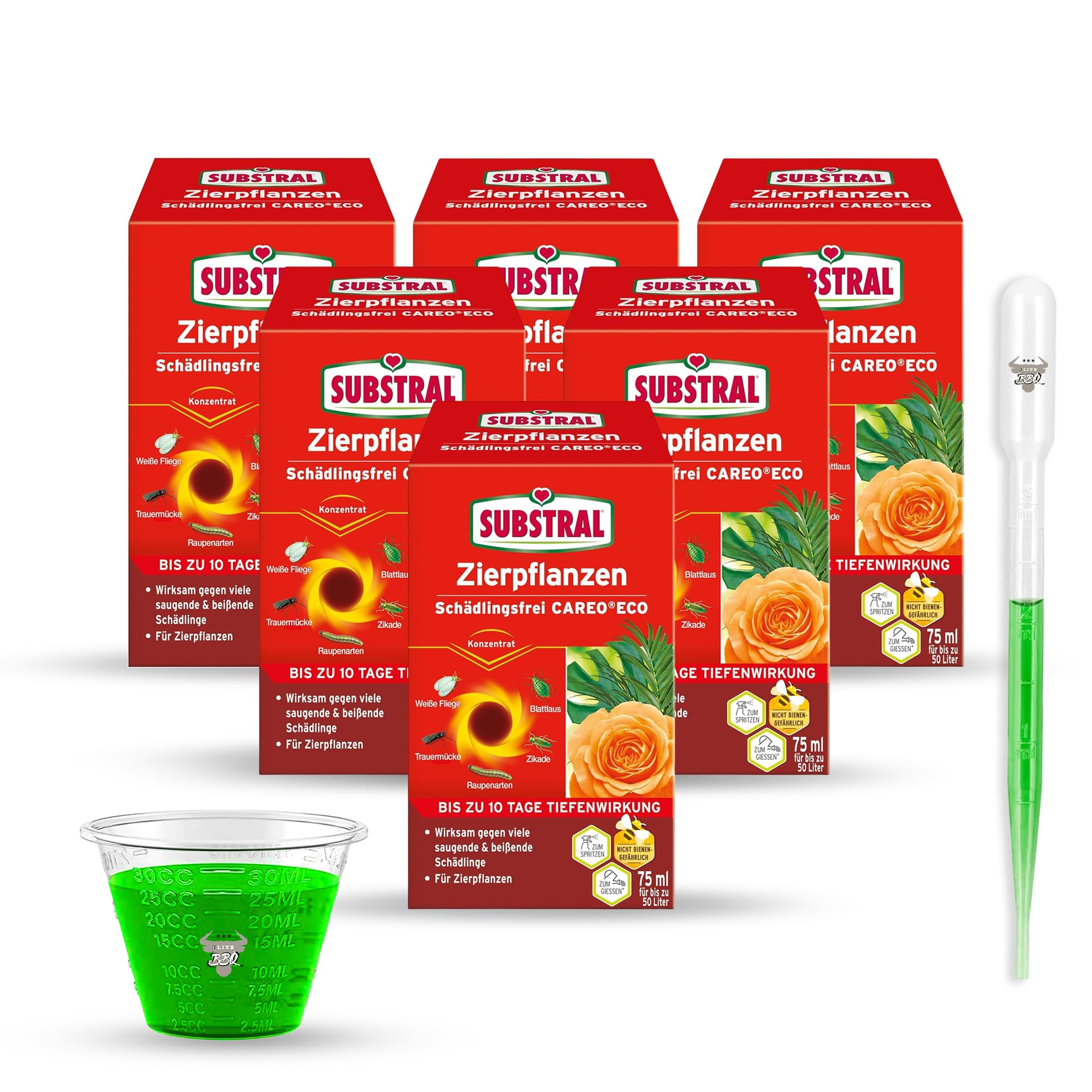 ELITE BBQ passend für 6er Set Substral Celaflor Schädlingsfrei Careo ECO 75 ml mit Pipette & Messbecher – gegen Blattläuse, Spinnmilben & Thripse