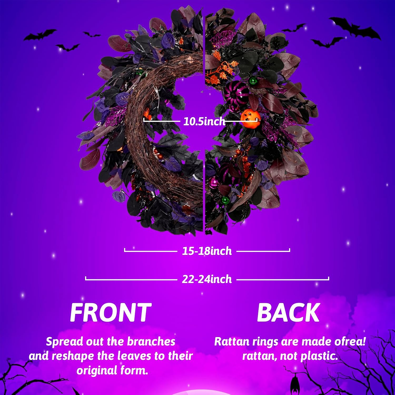 22 Inch Halloween Wreaths for Front Door with Lights, Pre-Lit Pumpkin Wreath, Spooky Ghost Wreath with Purple Glitter, Gold Berries & Ornaments, Halloween Decorations Indoor Outdoor Decor