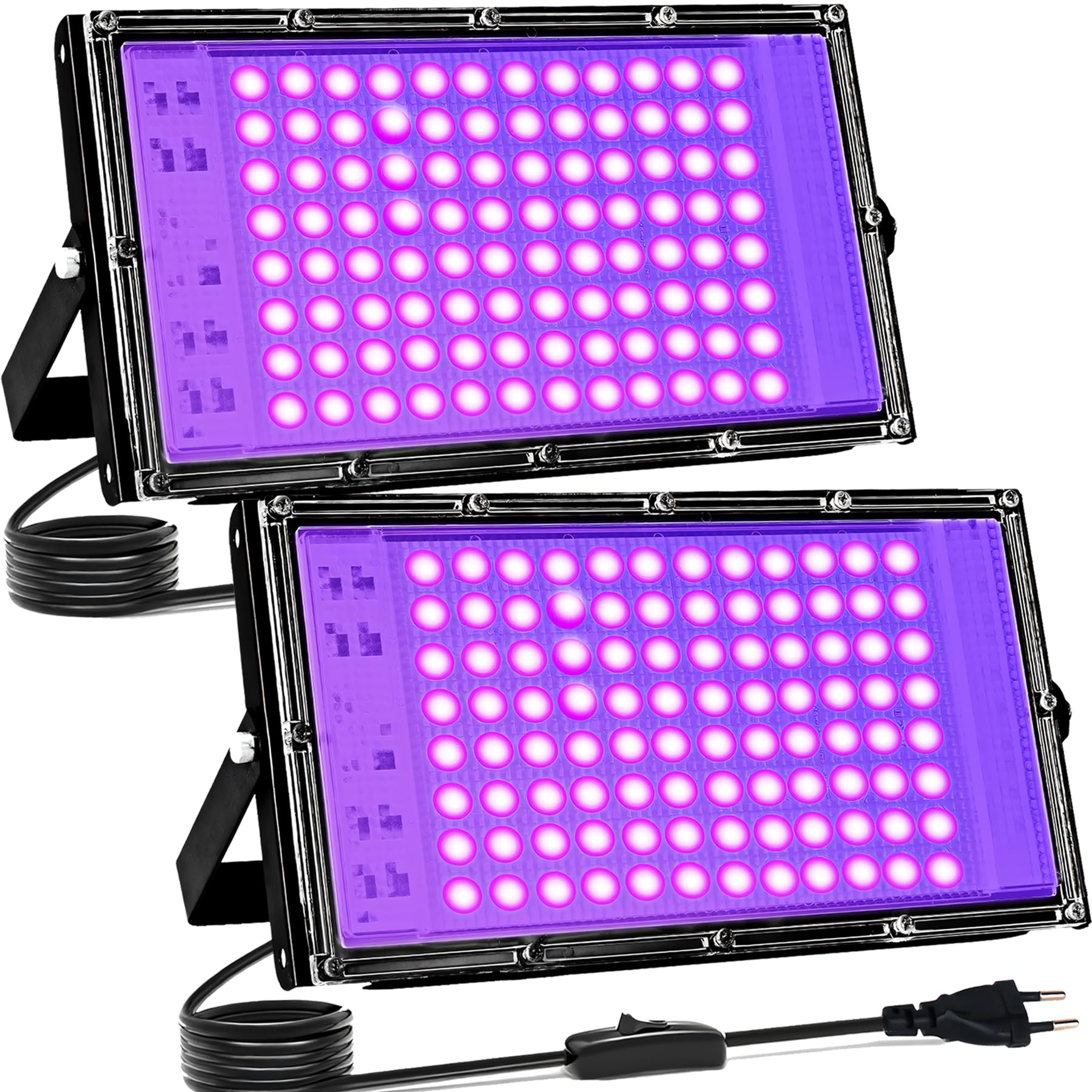 Luce Nera UV 100W, Indmird 2 Pezzi Faretto UV LED con Interruttore, 395-400nm Potente Faro UV Impermeabile IP65 Lampada UV per Festa Glow,Pittura,Acquario,Natale,Halloween