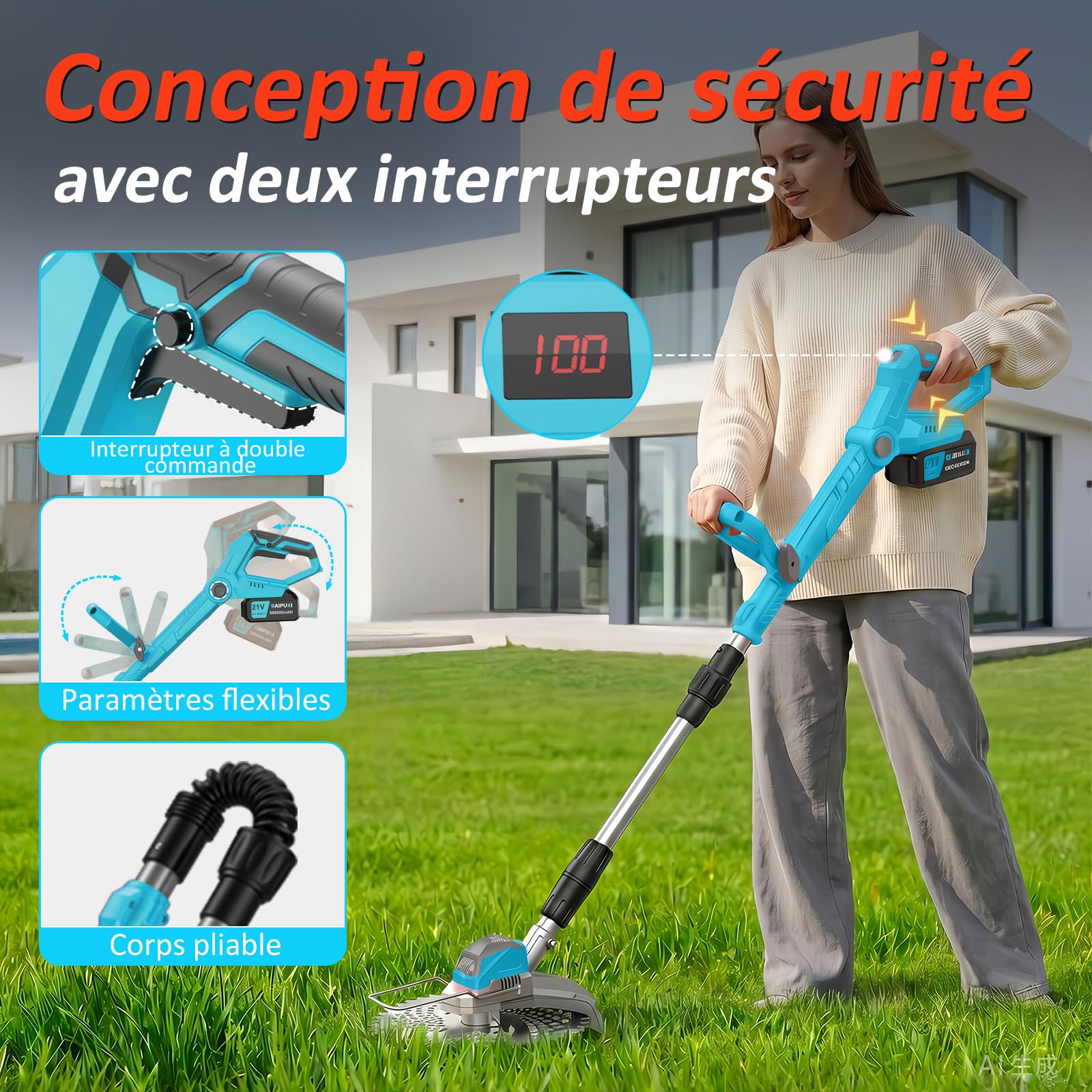 Debroussailleuse Electrique sans Fil 1300W avec écran LCD, Coupe Bordure avec 2 Batteries 4.0 Ah, Diamètre de Coupe : 25 cm, Poignée Réglable, Tige Pliable 3 en 1, pour Jardin Élagage (Bleu)