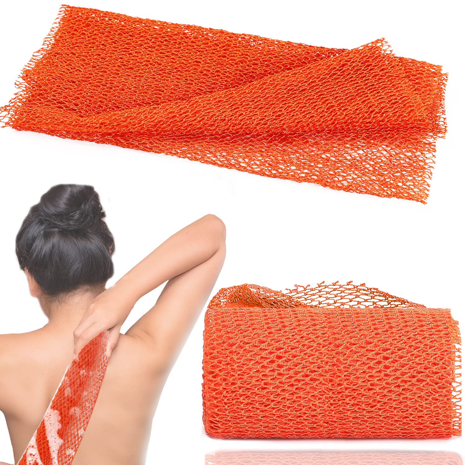 JASSINSAfrican Net Long Bath Net Sponge, African Bathing Sponge,Body Exfoliating Long Net Shower Body Scrubber Back Scrubber Skin Smoother,Stretch Length to 66 INCH (Orange)