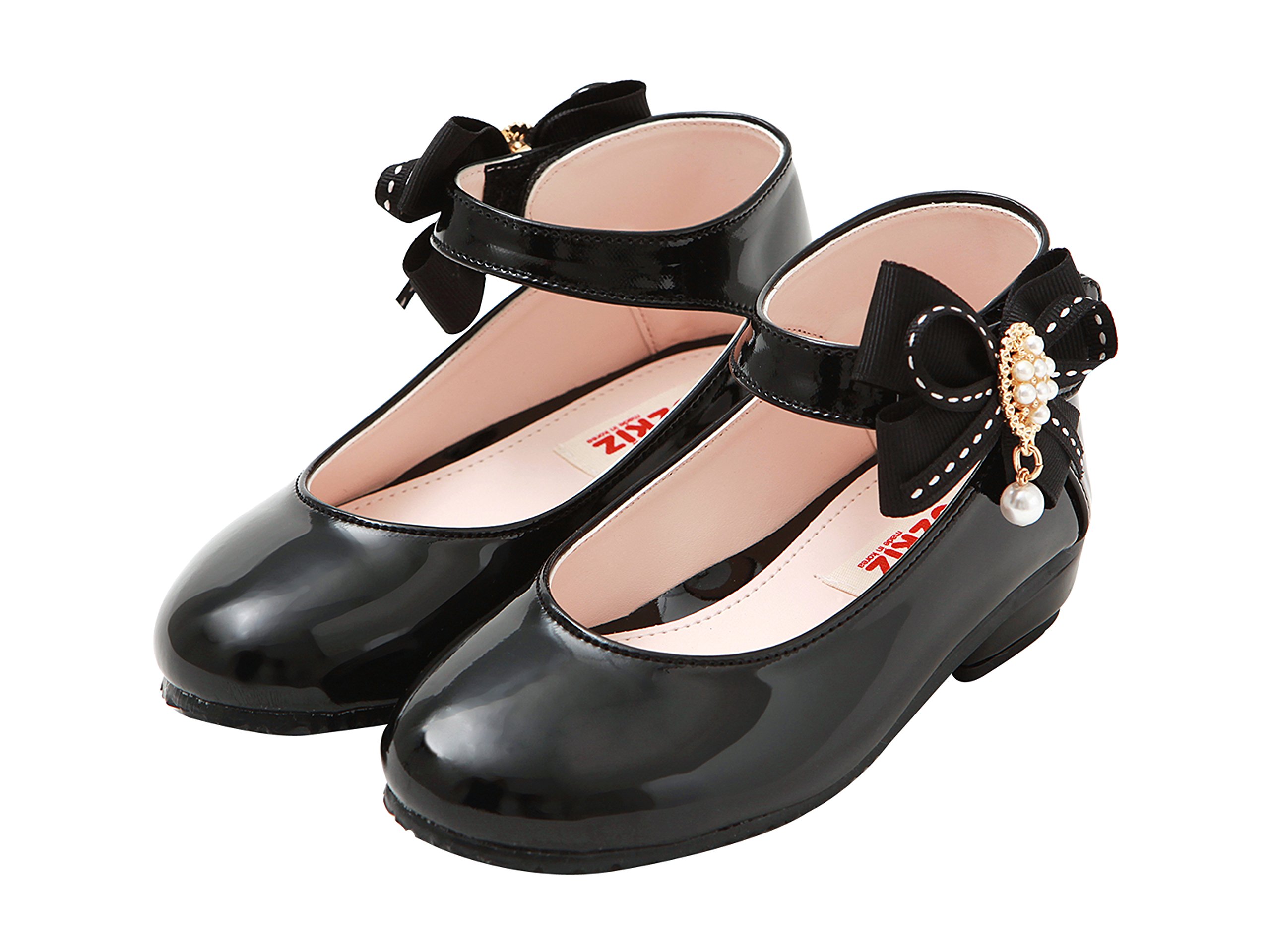 Ozkiz Toddler and Little Girls Pink and Black Valentine Ankle Strap Flat Shoes with Ribbon