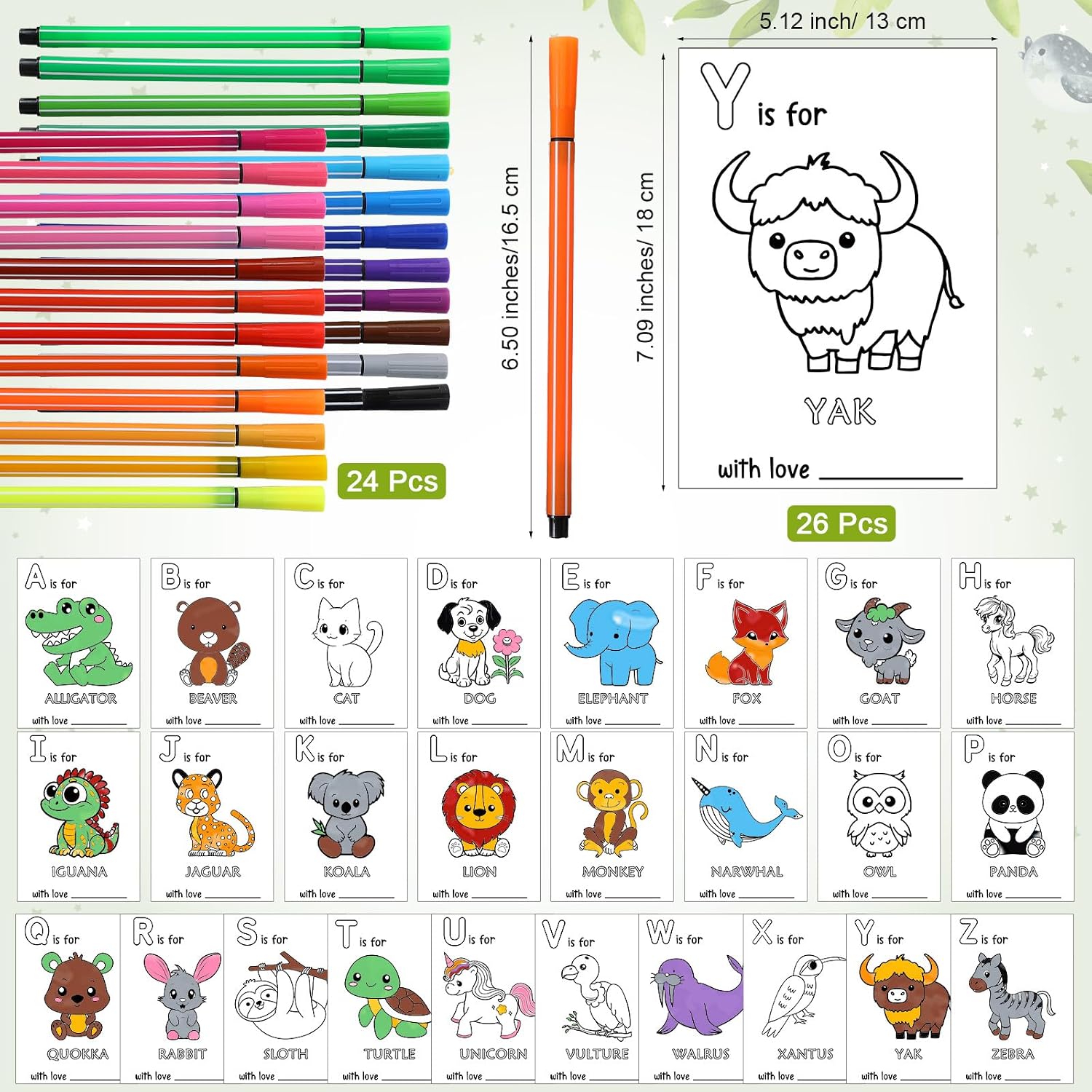 Geelin Baby Shower Alphabet Coloring Pages First Abc Book Wooden Sign 26 Coloring Book First Alphabet Pages Animal A-z Color Card 24 Watercolor Pen for Birthday Party Favor(Woodland)