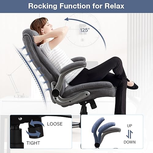 Miniatura 5 de Silla de oficina de tela grande y alta, 400 libras, respaldo alto, silla de escritorio ejecutiva para computadora con reposabrazos abatibles, tela