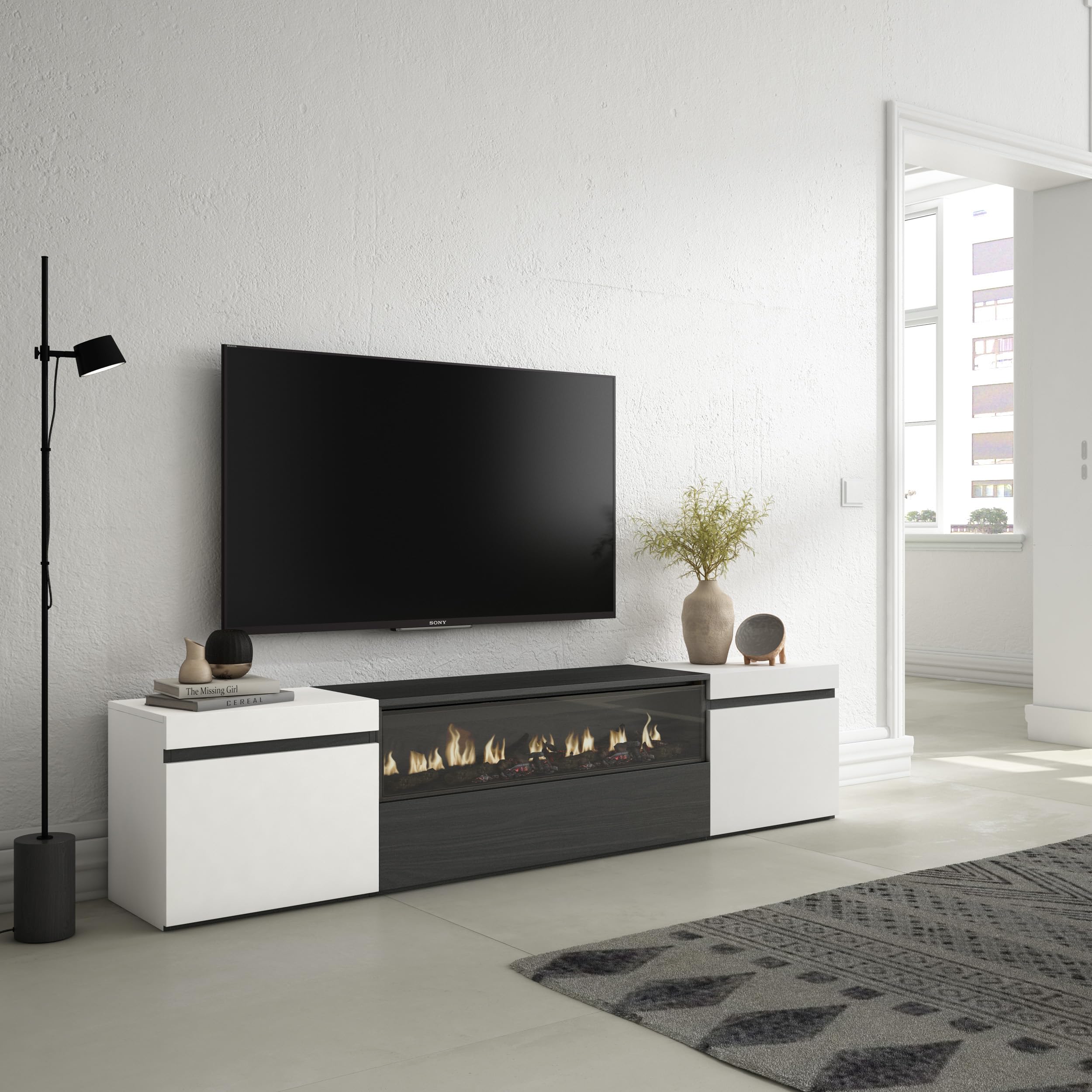Skraut Home | Mueble TV | Televisión | Muebles de salón, almacenaje | 200x45x35cm | para TV hasta 80" | Chimenea eléctrica | Estilo Moderno | Blanco y Negro