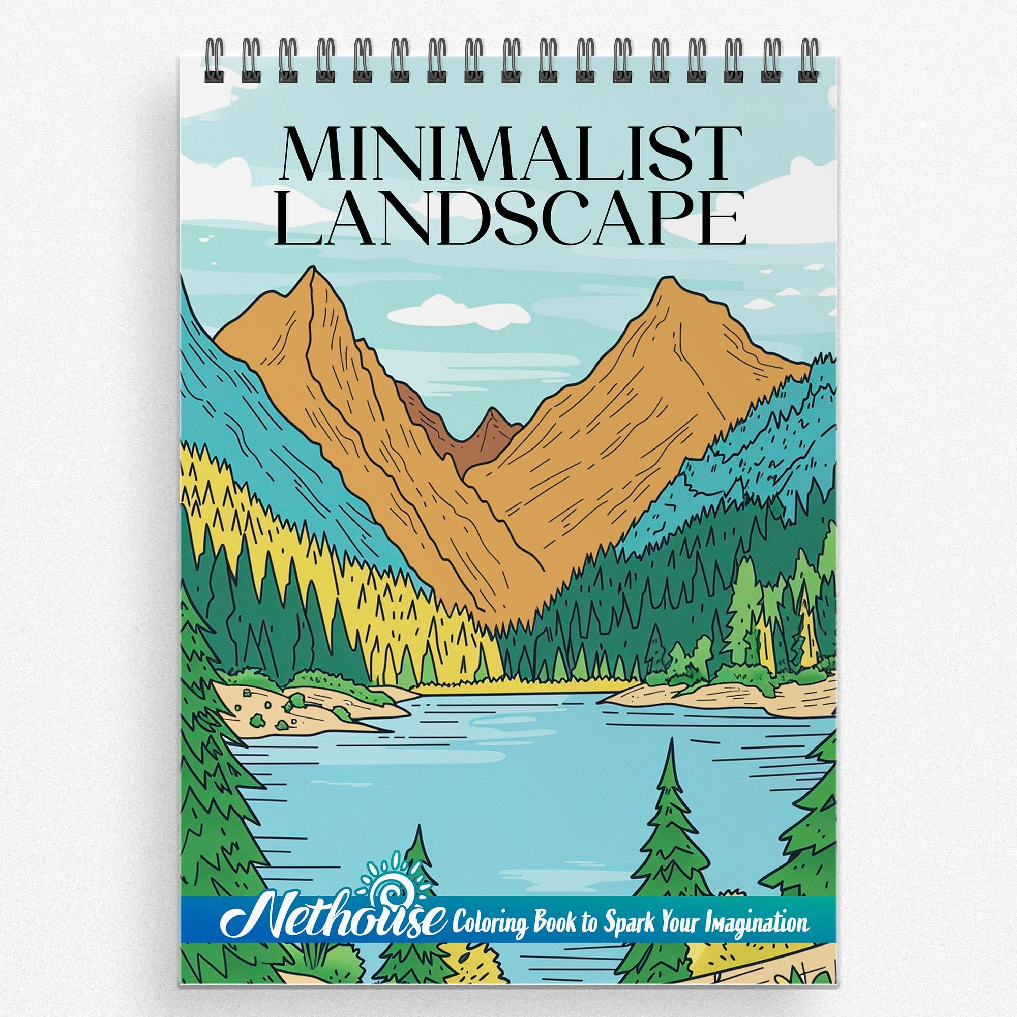 NETHOUSE Minimalist Landscape Spiral Bound Adult Coloring Book, Softcover, Discover 30 Minimalist Aesthetic Landscape Coloring Pages for Mindful Relaxation and Stress Relief