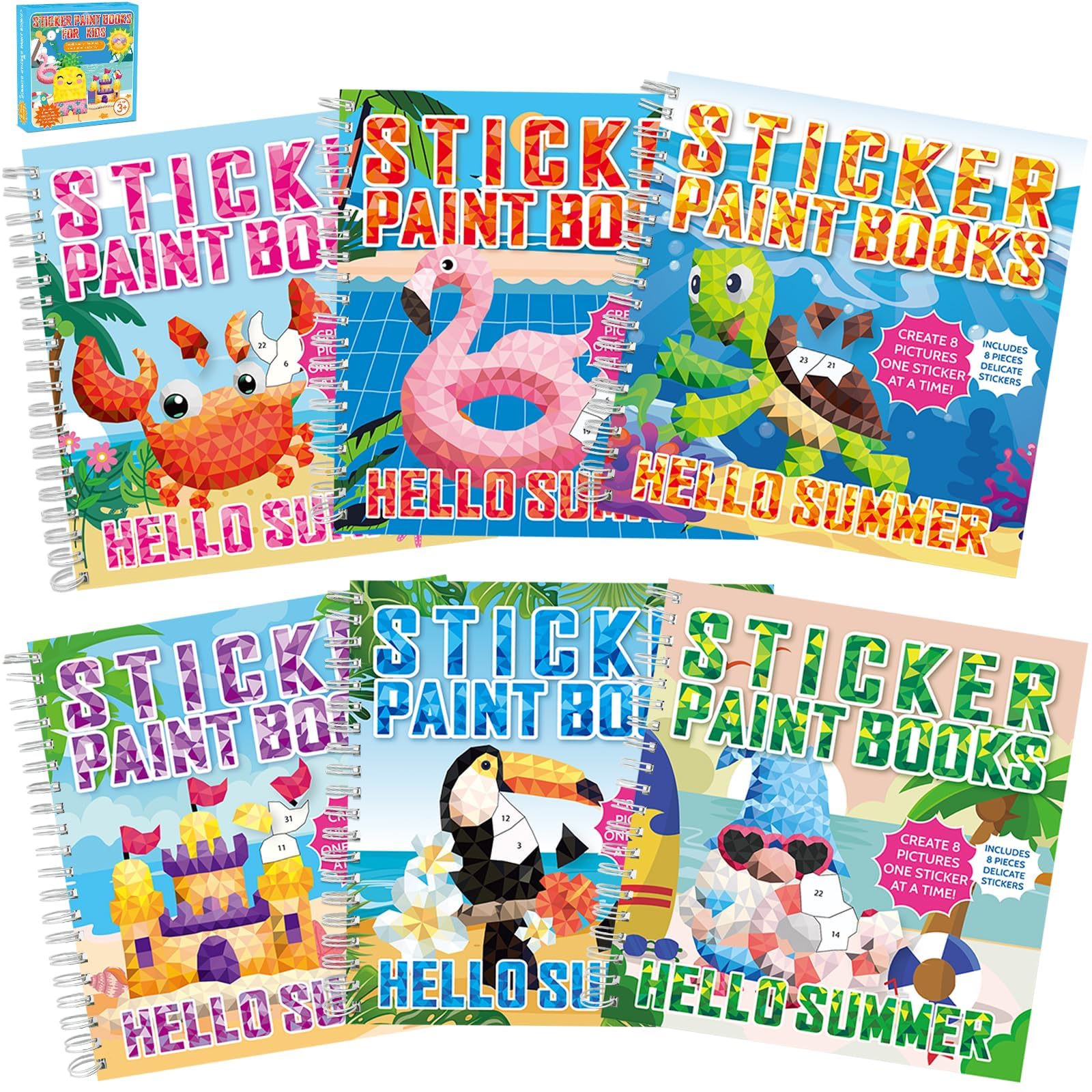gisgfim 6Pcs Summer Paint by Sticker Books Hello Summer Sticker by Number Books Activity Book Puzzle Book Craft Art Gift with Crab Flamingo Turtle