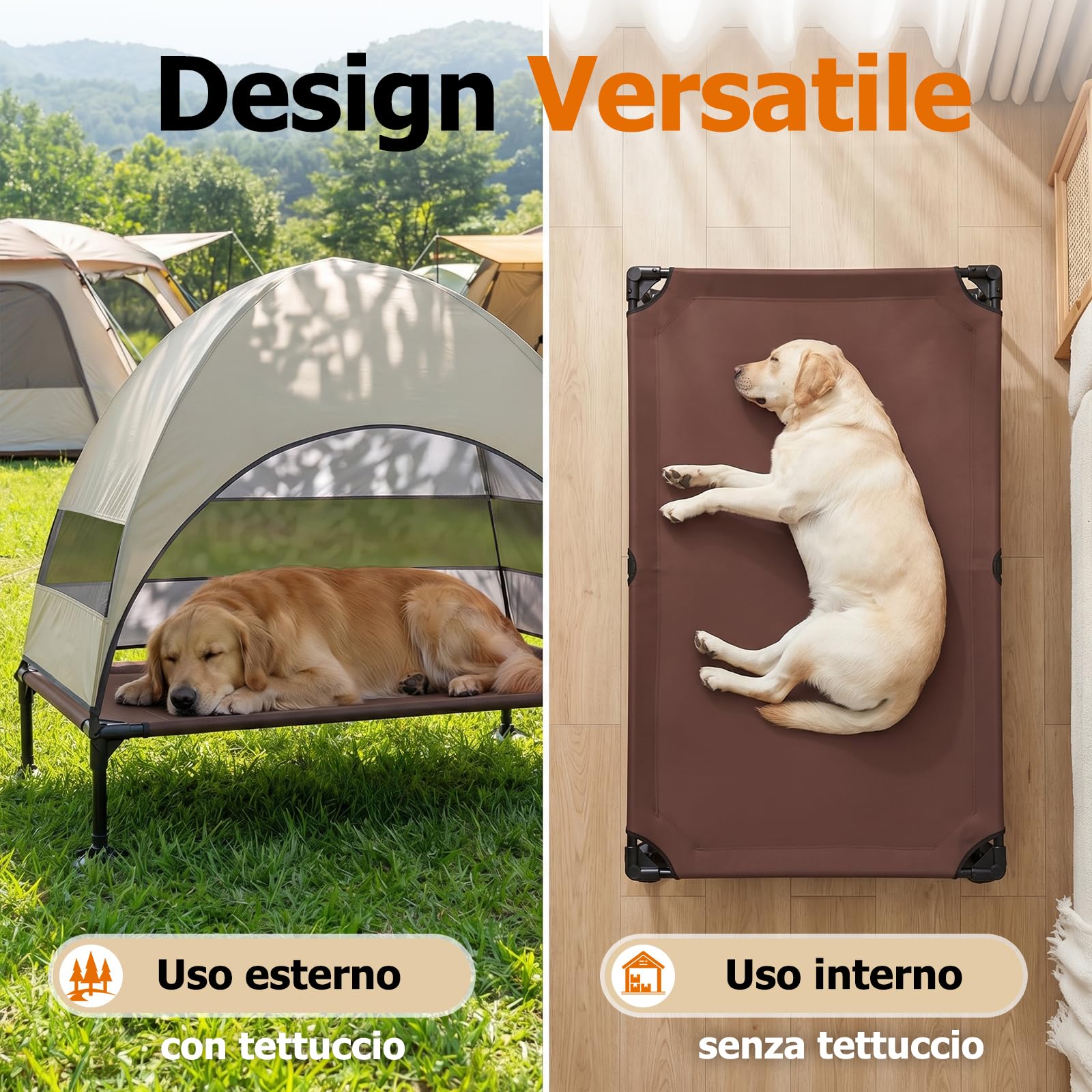 Cuccia rialzata per cani da esterno con tetto, pieghevole con piedini antiscivolo, tenda per cani da esterno con grande ombra, per il campeggio, il giardino, la spiaggia e la piscina (Cachi, L)