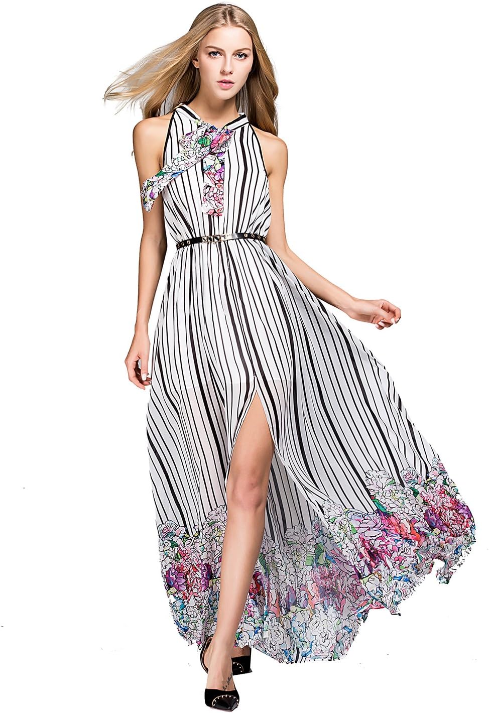2017 Spring Summer Fashion Striped Floral Print Big Swing Sleeveless Split Neck Tie Women Long Dress