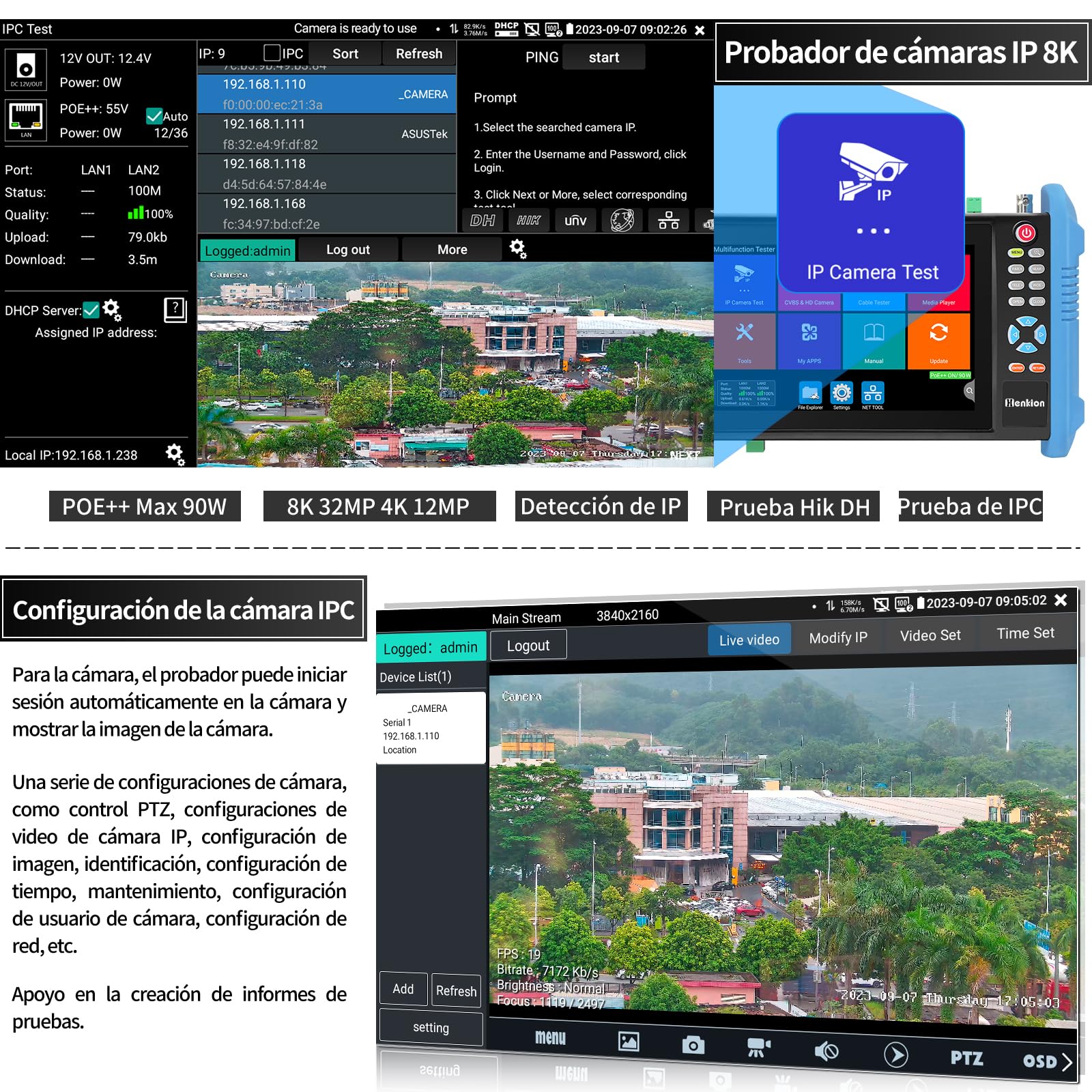 Henkion Probador de Cámara CCTV Monitor, Tester IP 8K 32MP 4K 12MP con PoE++ 90W, Pantalla Táctil IPS 7" Probador de Cables Herramientas de Red con Interfaz SFP IPC-9800CPro y Rastreador de Cables