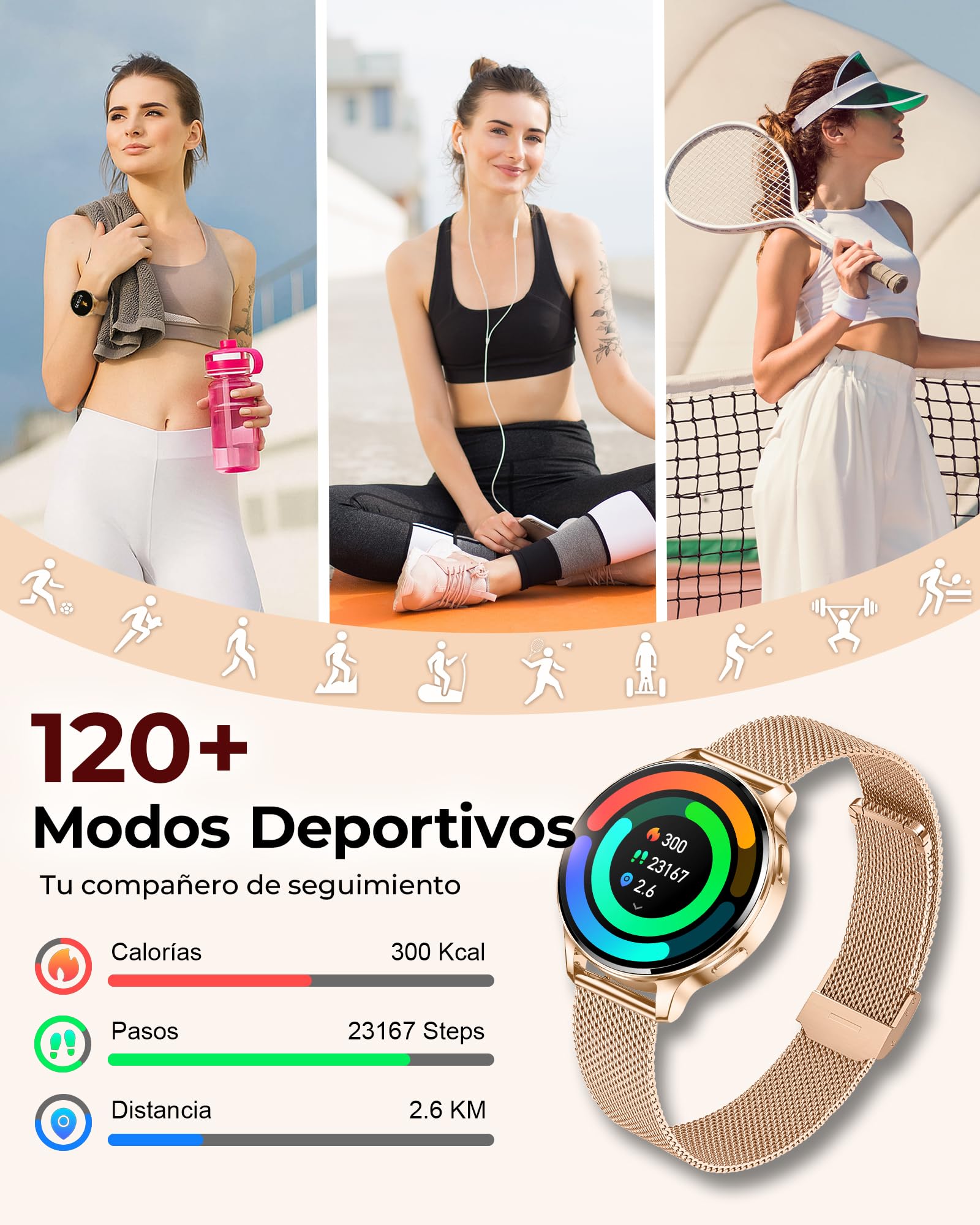 Iaret Reloj Inteligente Mujer con 3 Correas, 1,27" Pantalla AMOLED, Smartwatch Redondo con Llamadas Bluetooth, 120+ Modos Deportivos, SpO2/Pulsómetro/Sueño, para Android iOS, Regalo, Oro Rosa